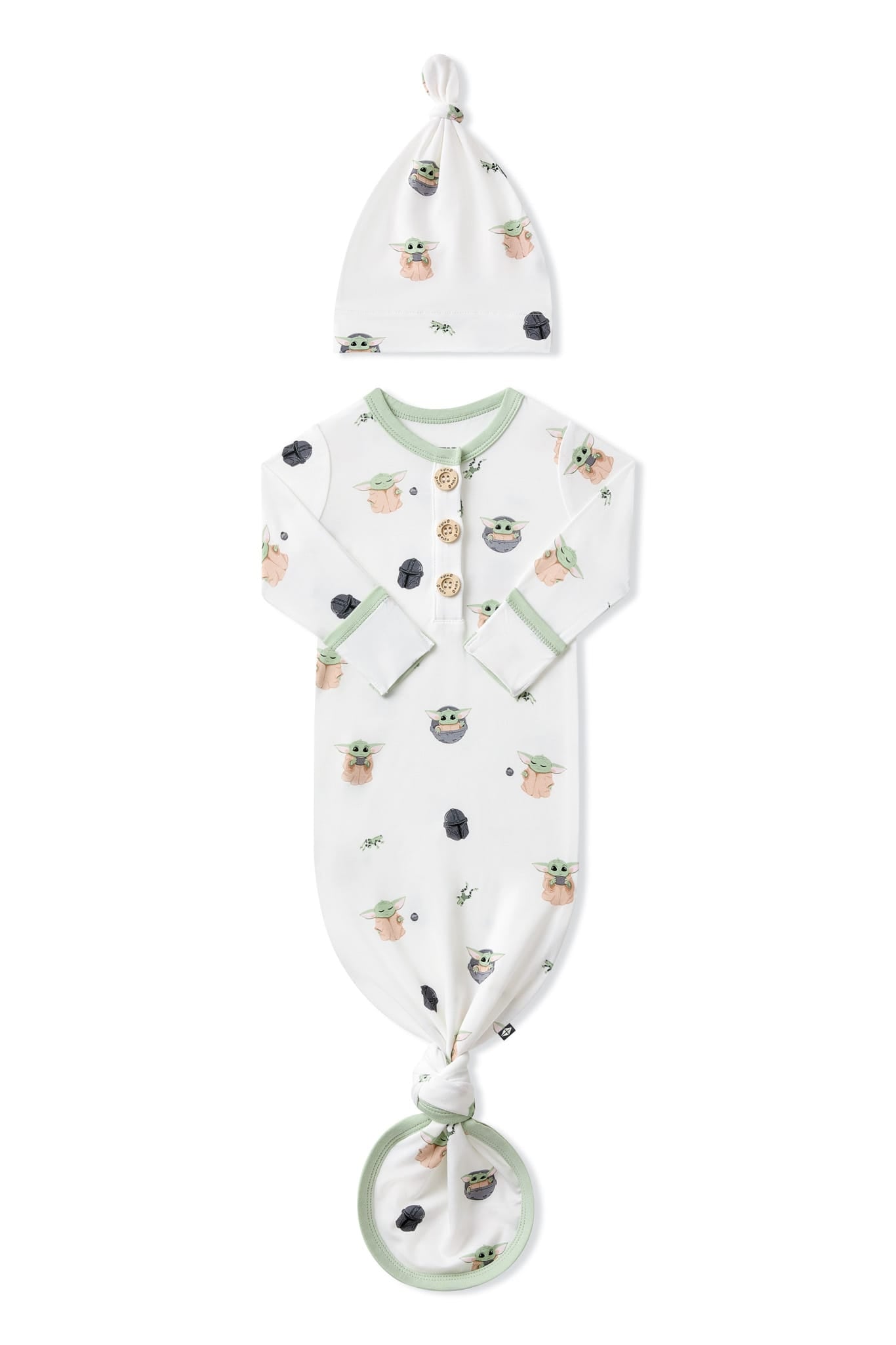 Knotted Gown with Hat Set in Grogu™ with the arms folded inward on a white surface