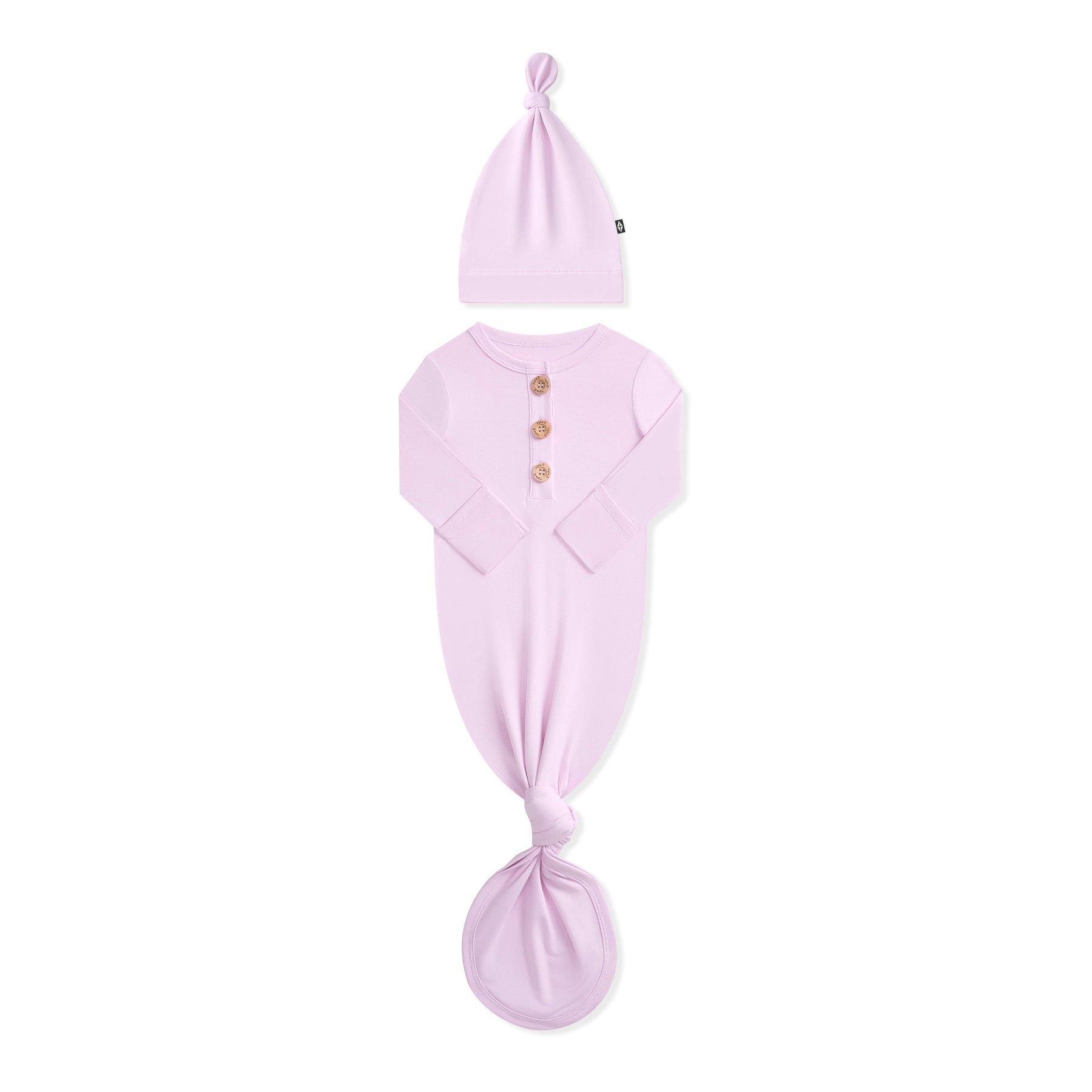 Baby knotted gown and hat set in light purple on a white background