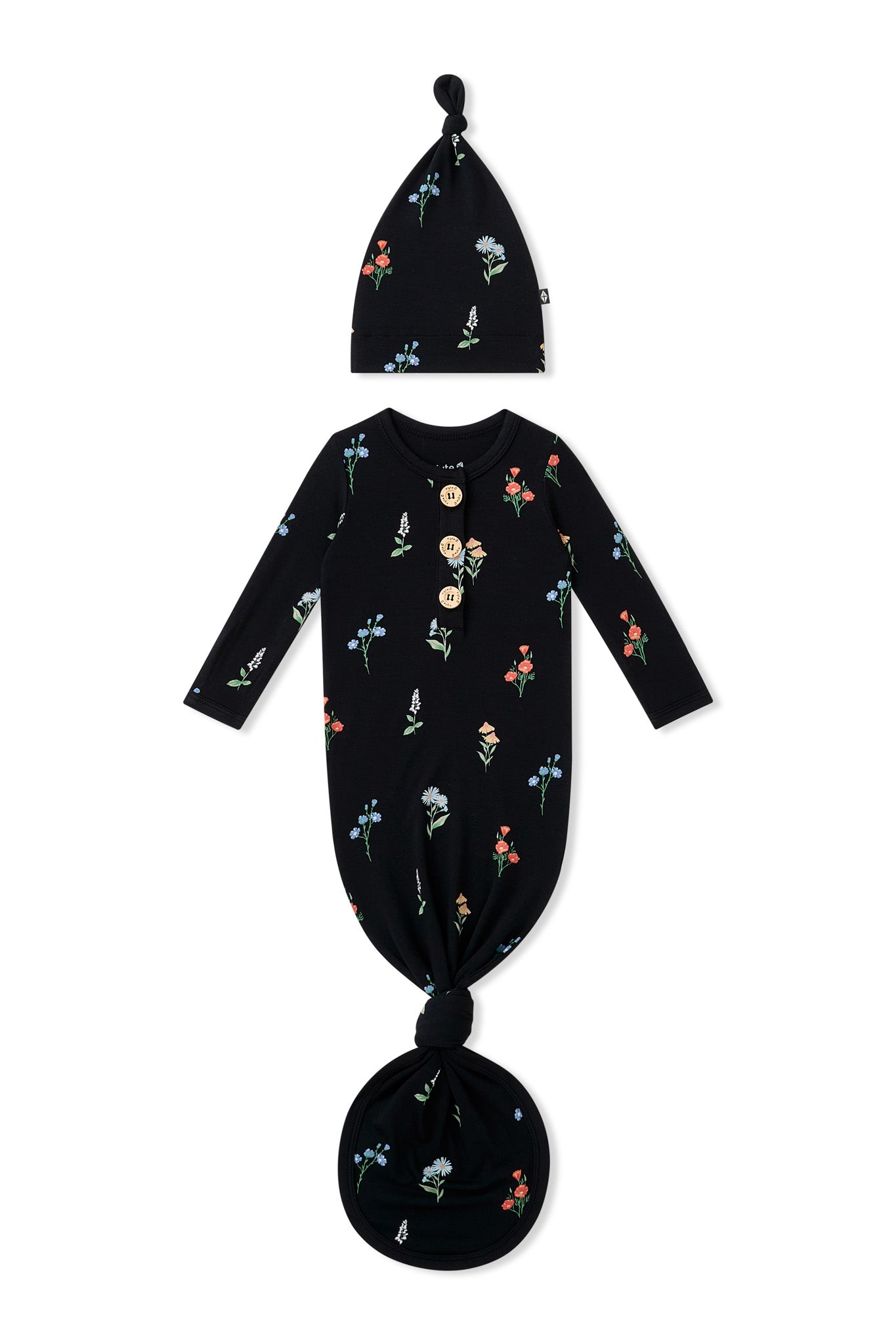 Black Knotted Gown with Hat Set with Wildflower print on a white background