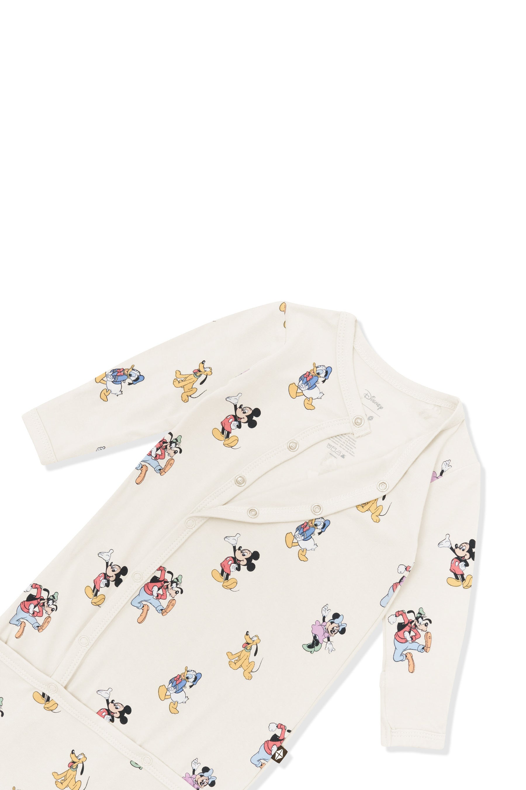 Top part of bundler with buttons in mickey mouse and friends print on an oat background