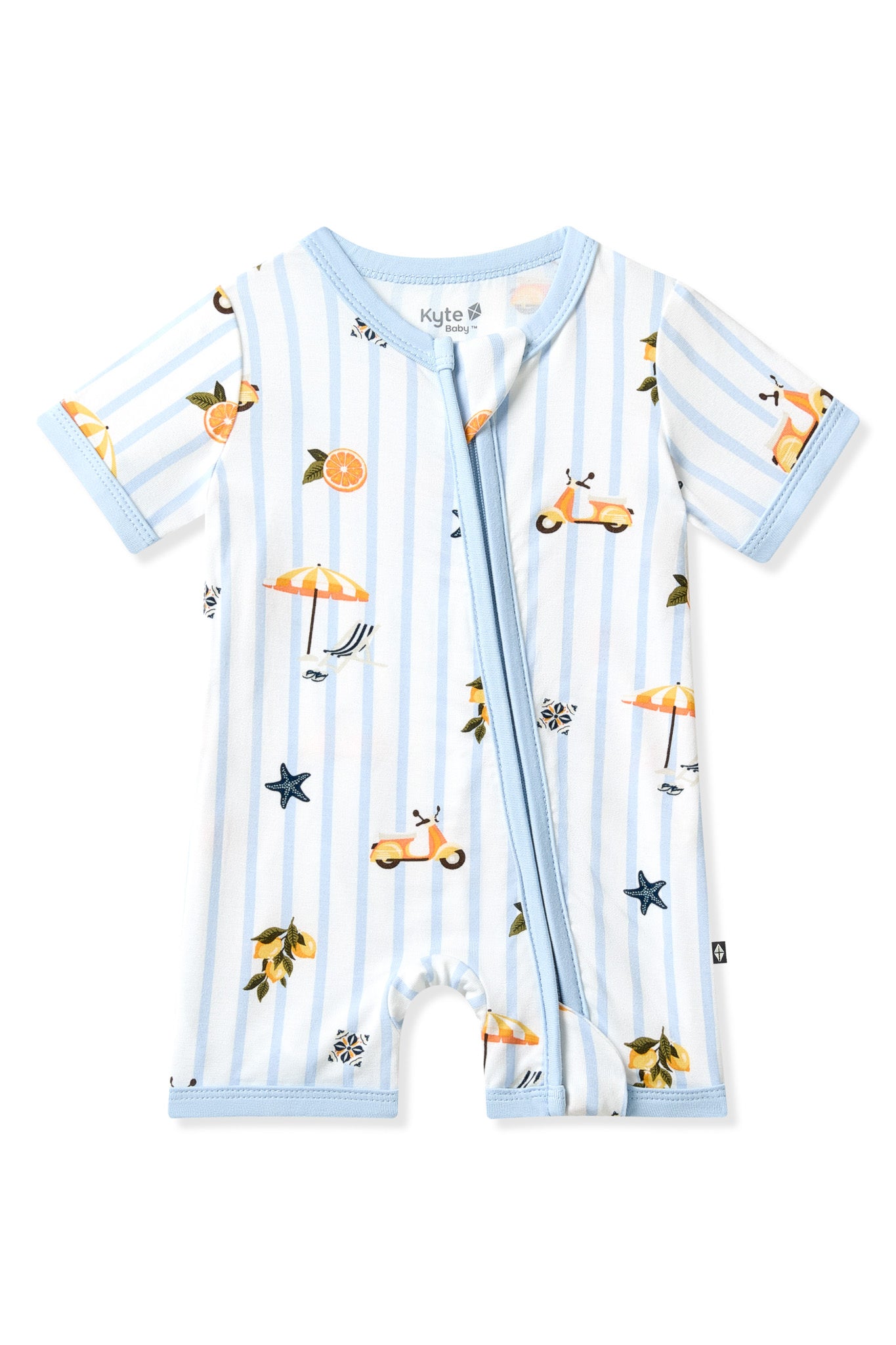 Product photo of the Zipper Shortall Romper in Amalfi Coast shown on a white surface