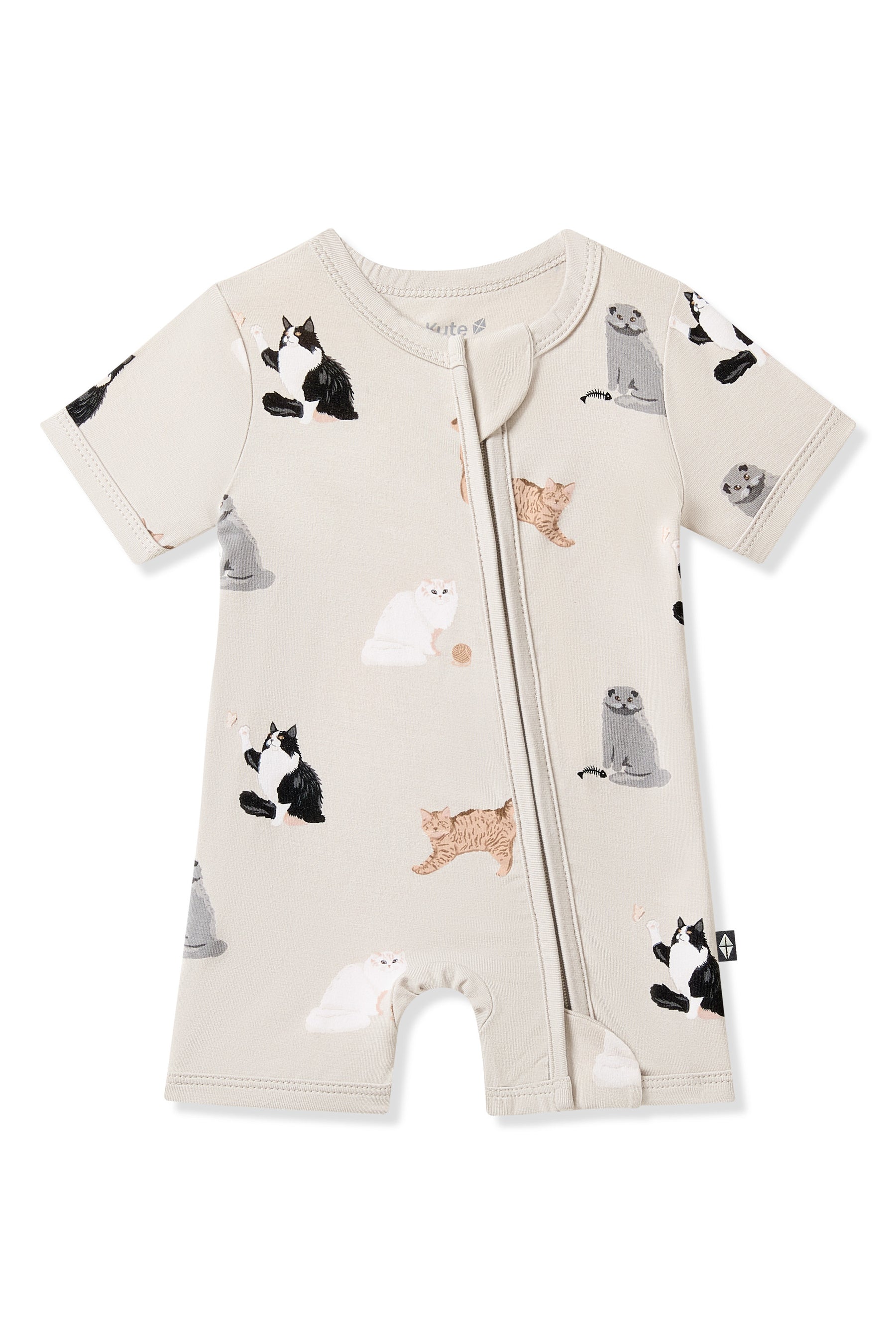 Product photo of the Zipper Shortall Romper in Fluffy Cat on a white surface
