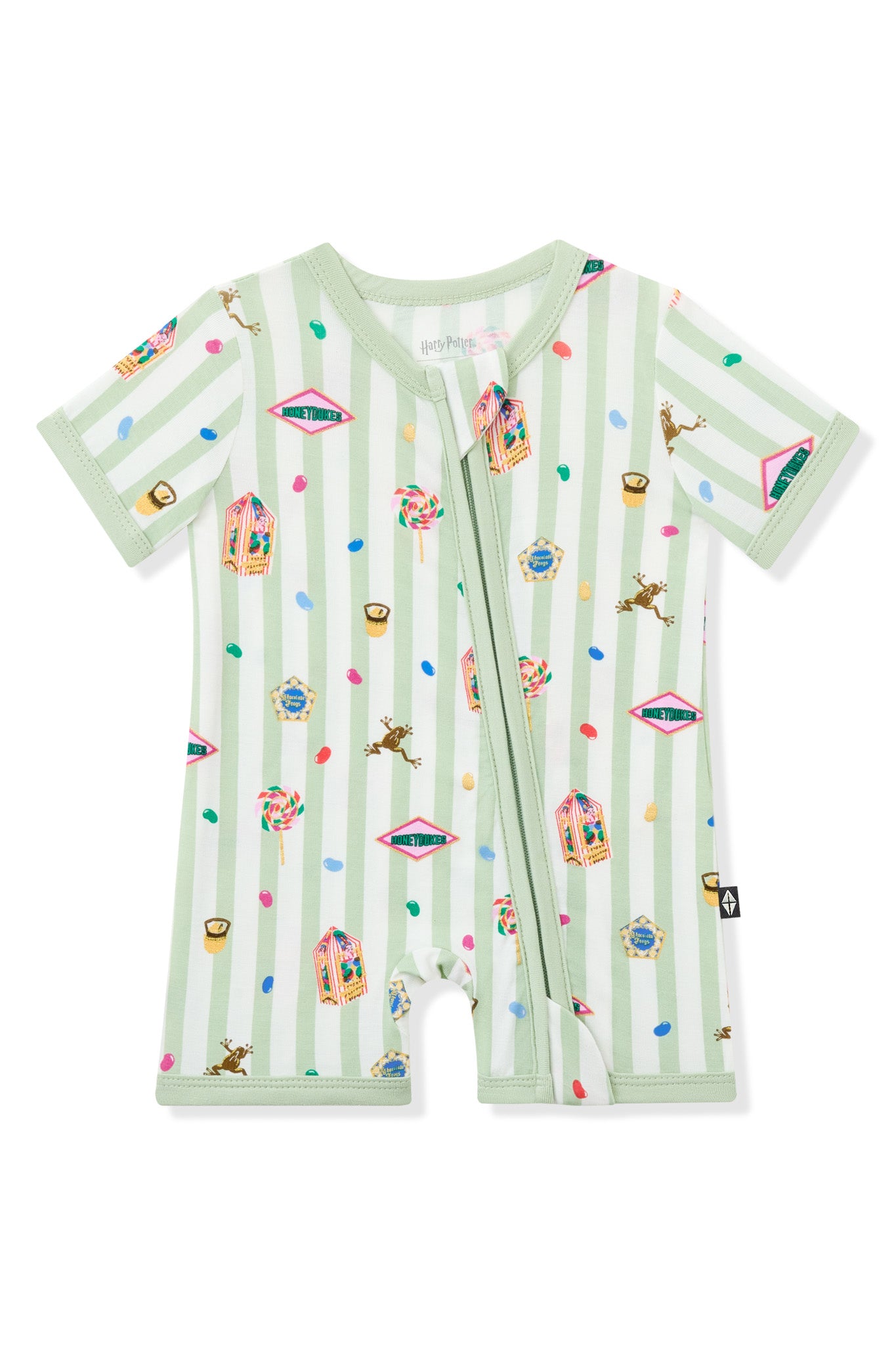 Green and white striped zippered shortall romper with colorful Harry Potter patterns on a white background