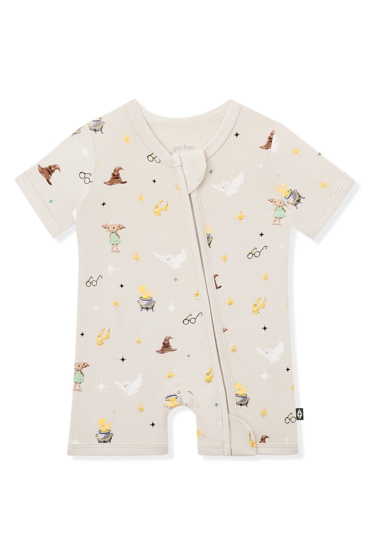 Cream Zippered Shortall Romper with Harry Potter prints on a white background