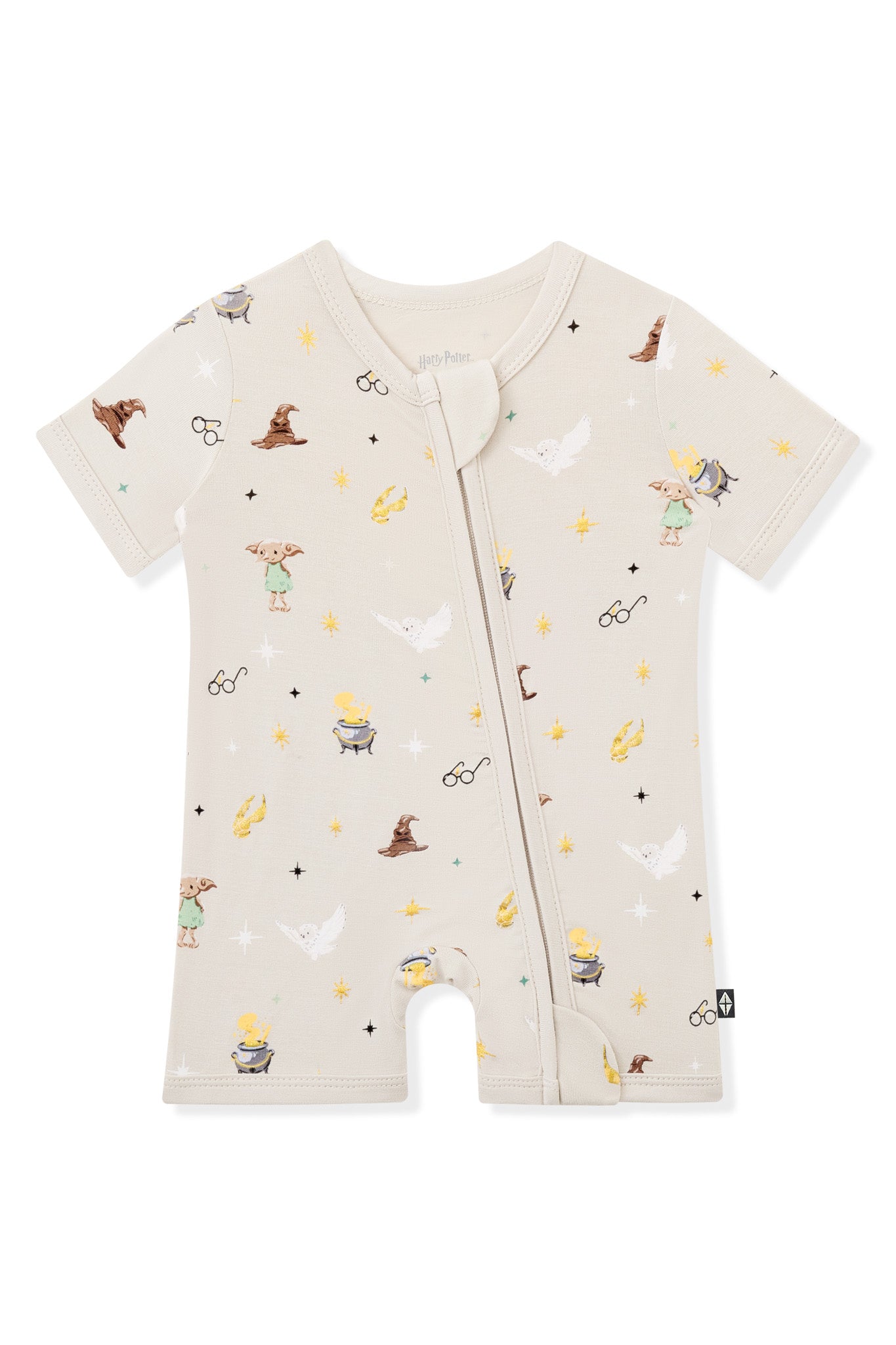 Cream Zippered Shortall Romper with Harry Potter prints on a white background