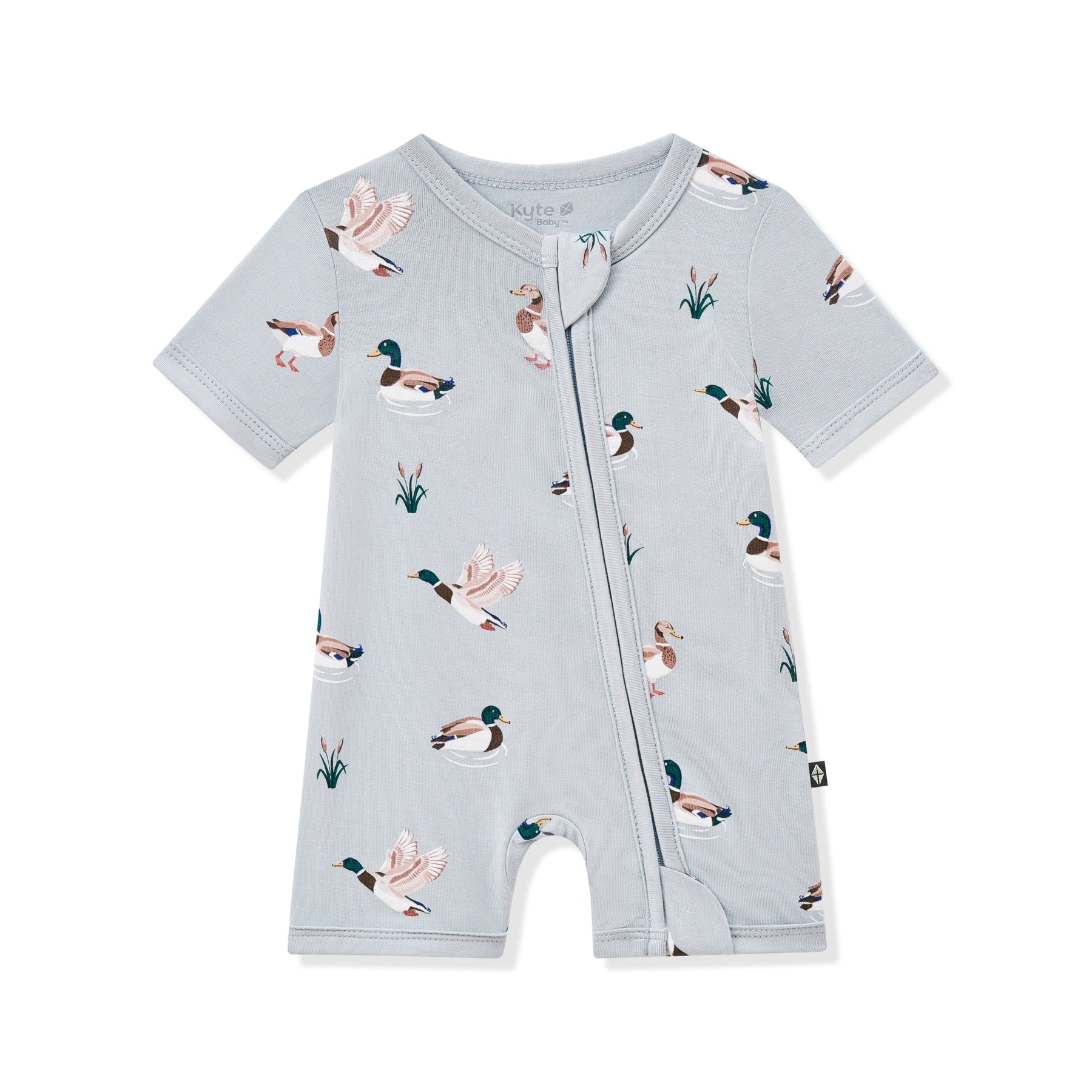 Product photo of the Zipper Shortall Romper in Mallard Duck on a white background