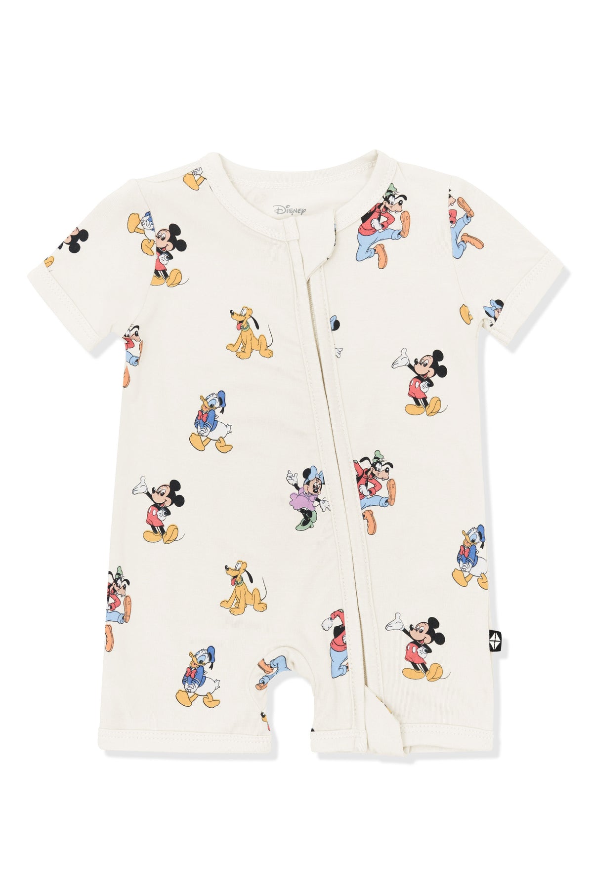 Zipper Shortall Romper with Mickey Mouse and Friends print on an oat background