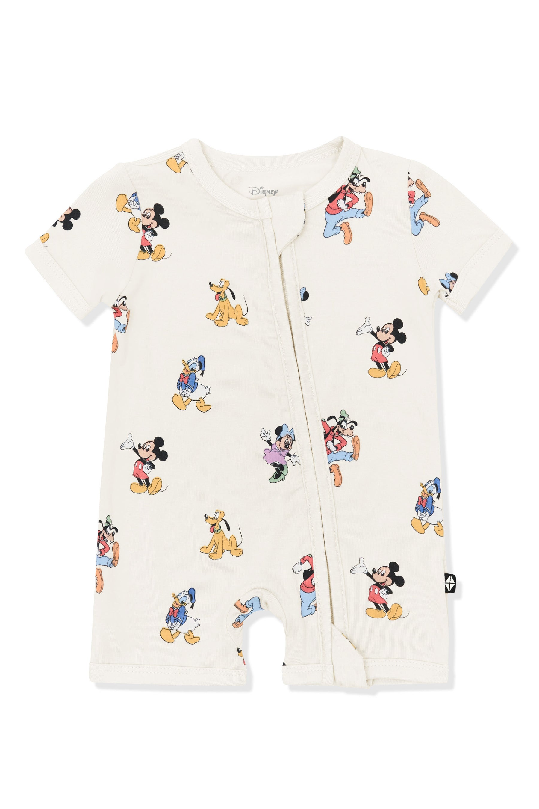 Zipper Shortall Romper with Mickey Mouse and Friends print on an oat background