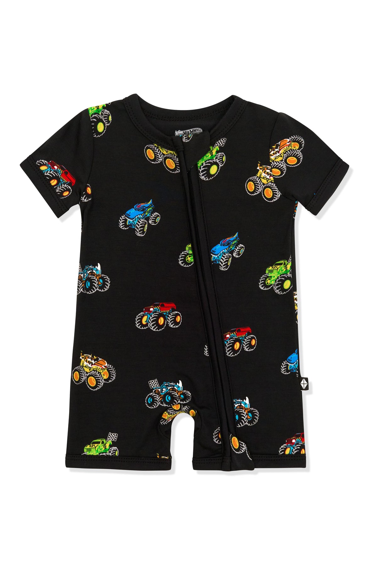 Zipper Shortall Romper in colorful Monster Truck print on white background