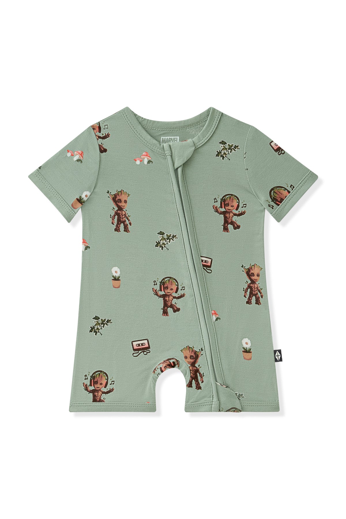 Green Zipper Shortall Romper with Groot print on white background