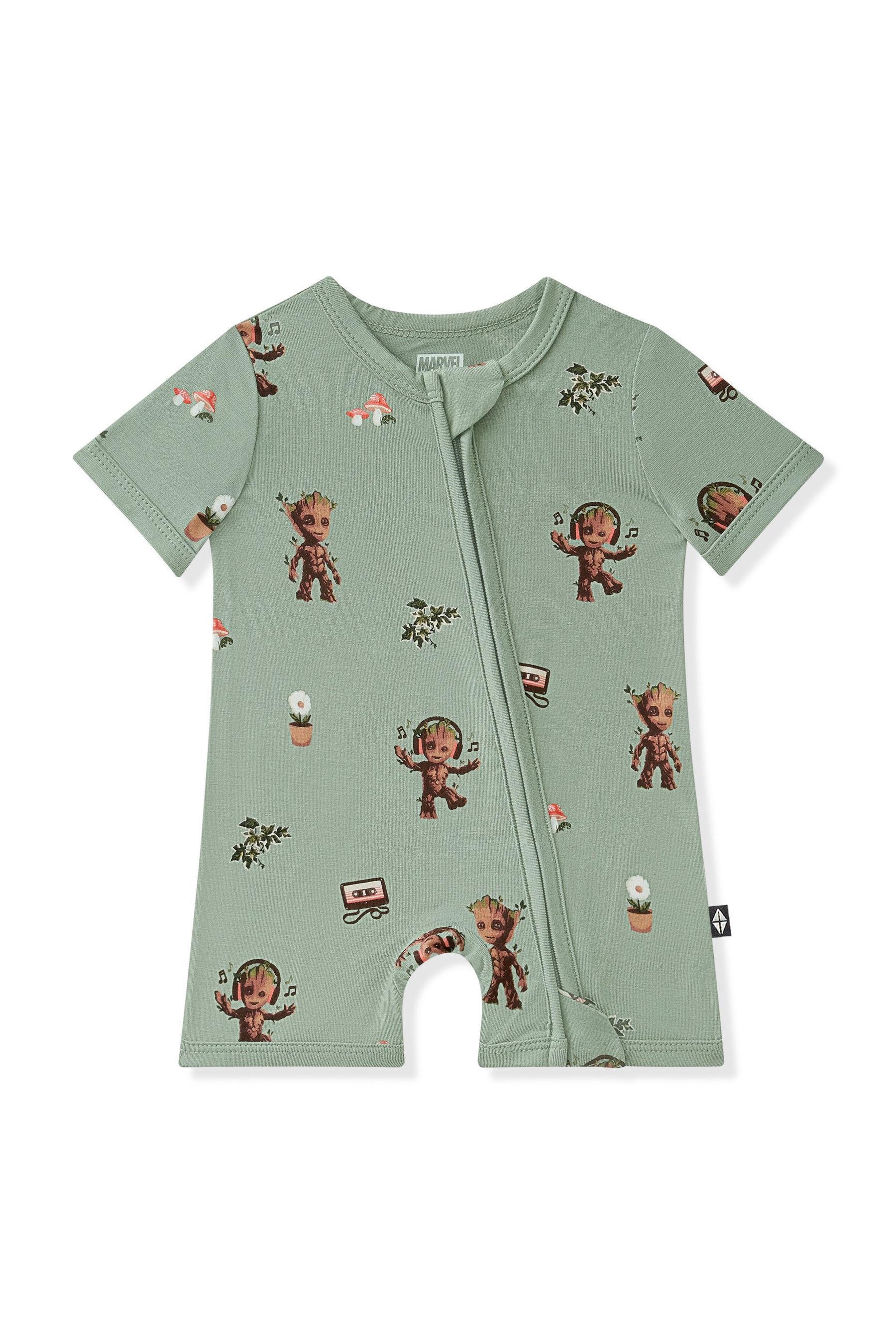 Green Zipper Shortall Romper with Groot print on white background
