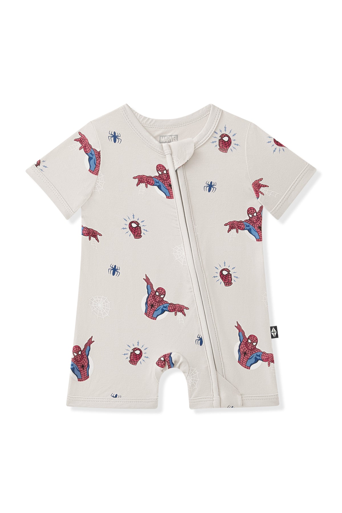 Oat Zipper Shortall Romper with Spider-Man print on a white background