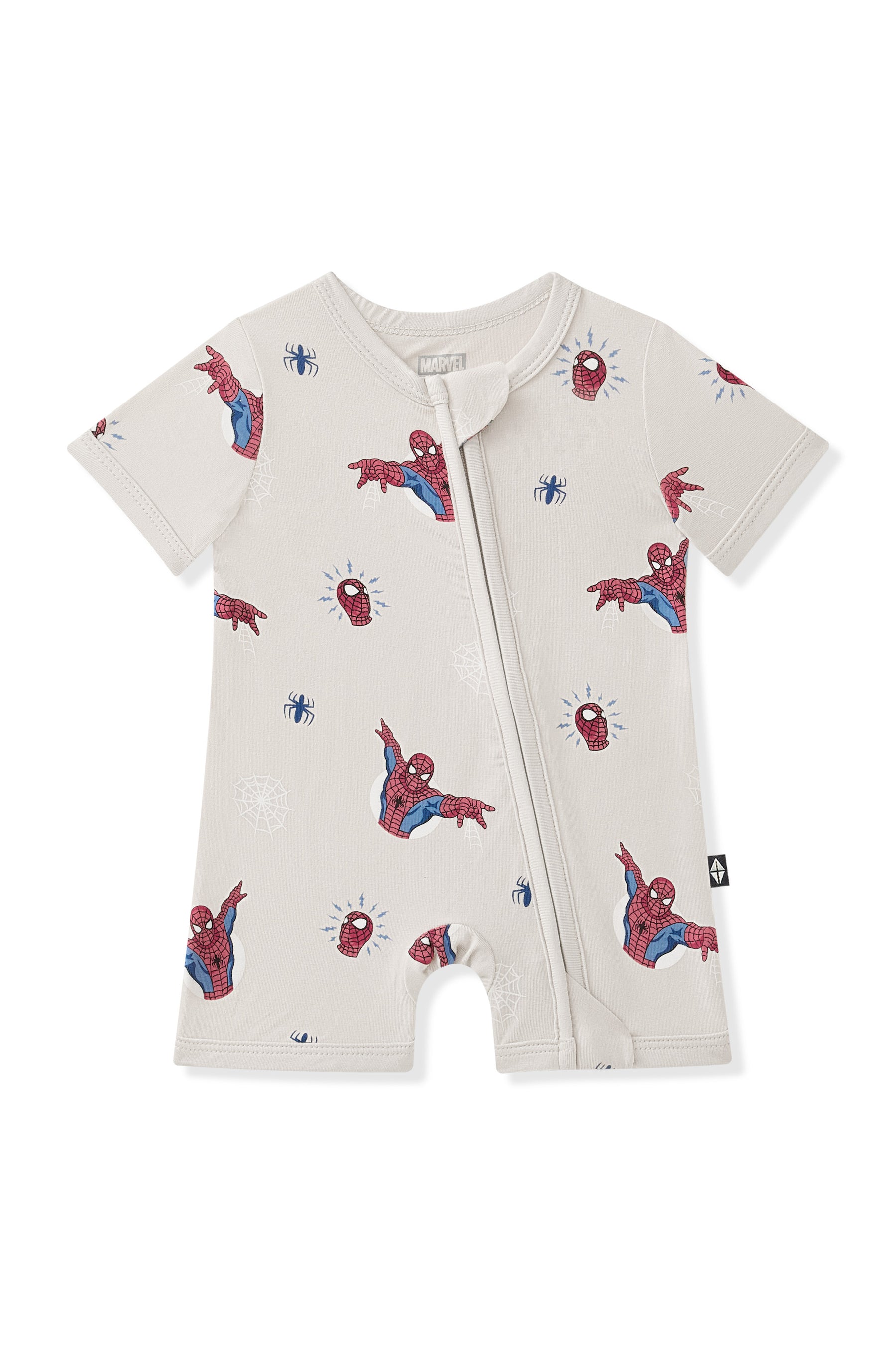 Oat Zipper Shortall Romper with Spider-Man print on a white background
