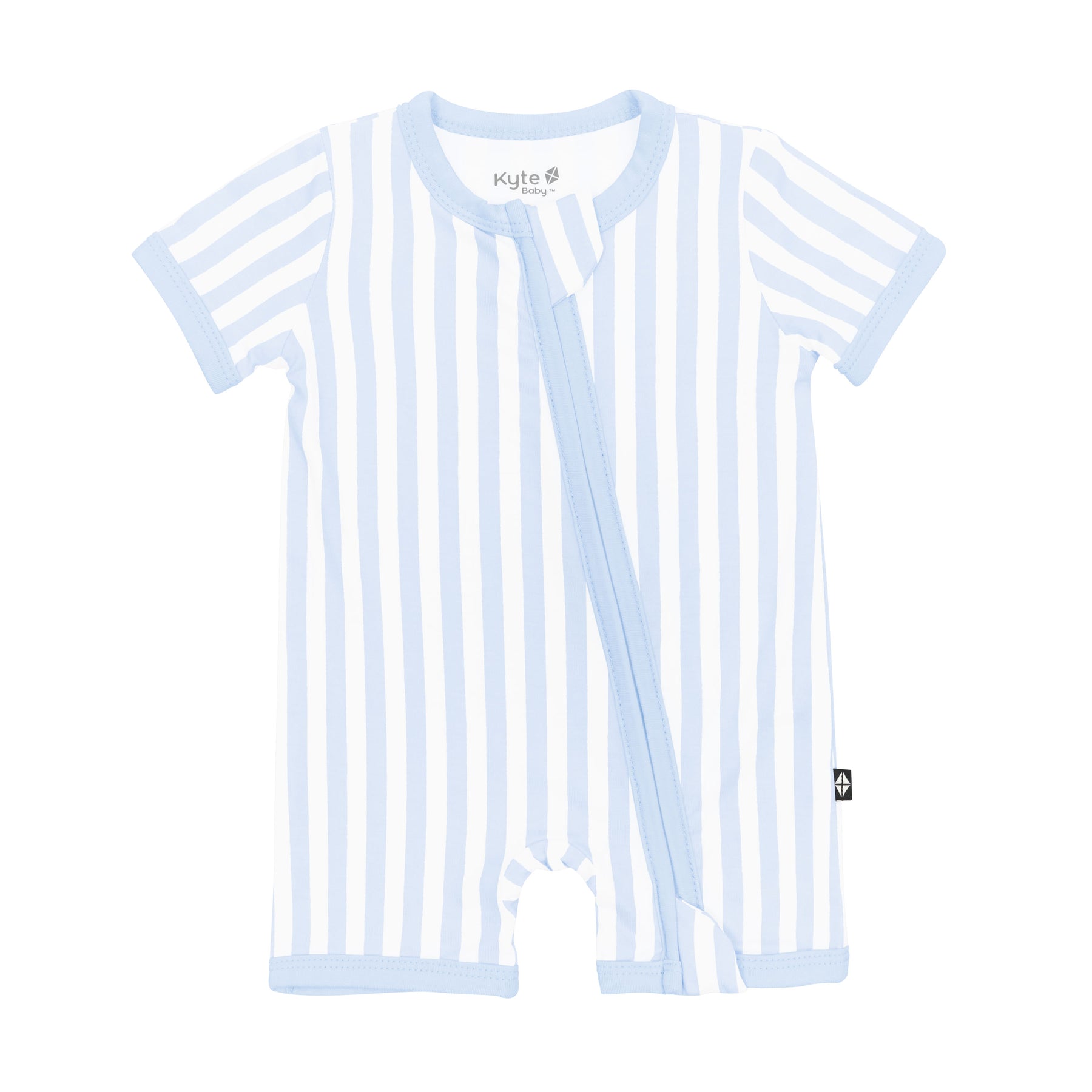 Product photo of Kyte Baby's Zipper Shortall Romper in Small Mist Stripe