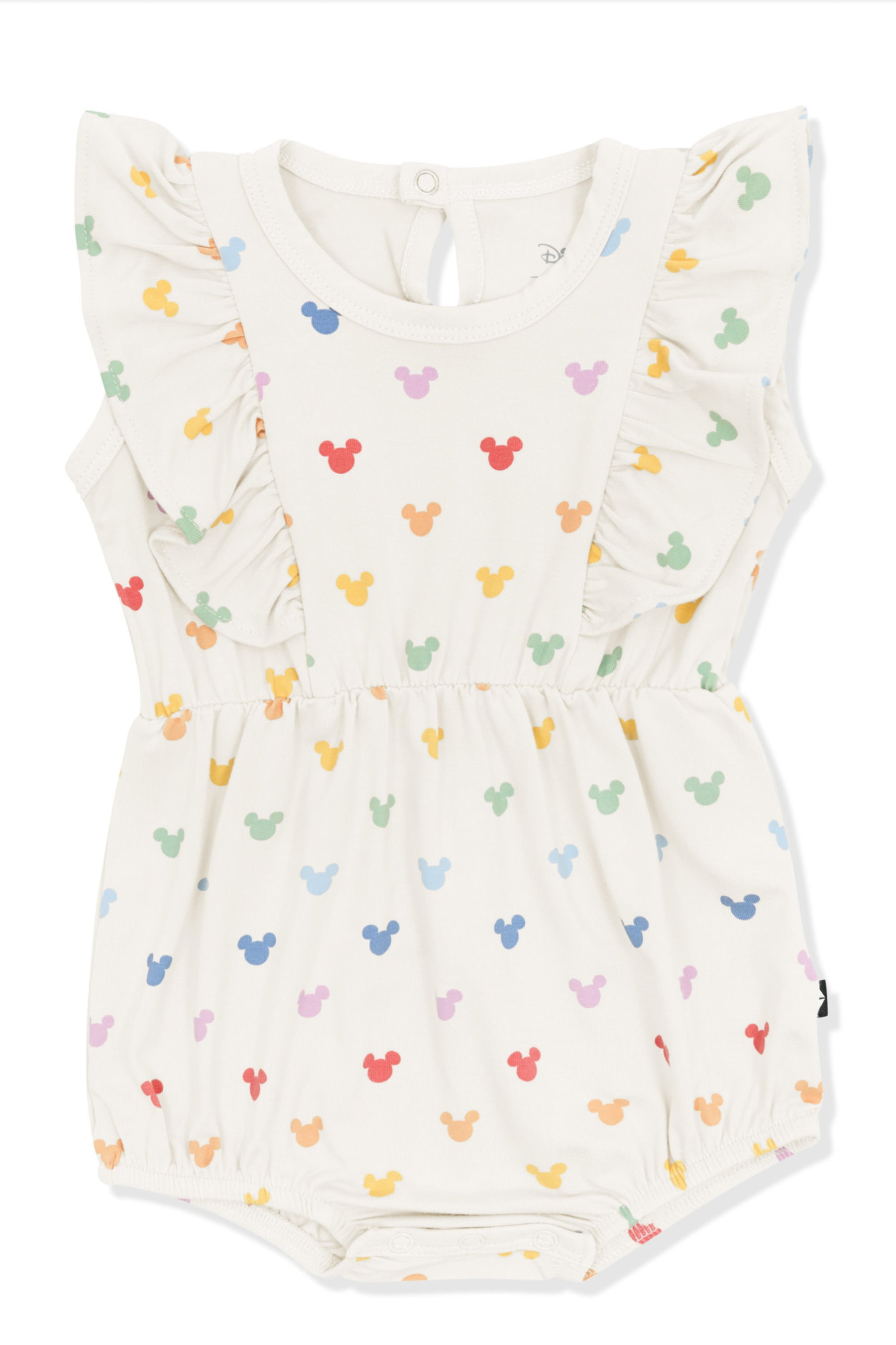 Bubble Romper with pastel mickey mouse pattern on an oat background