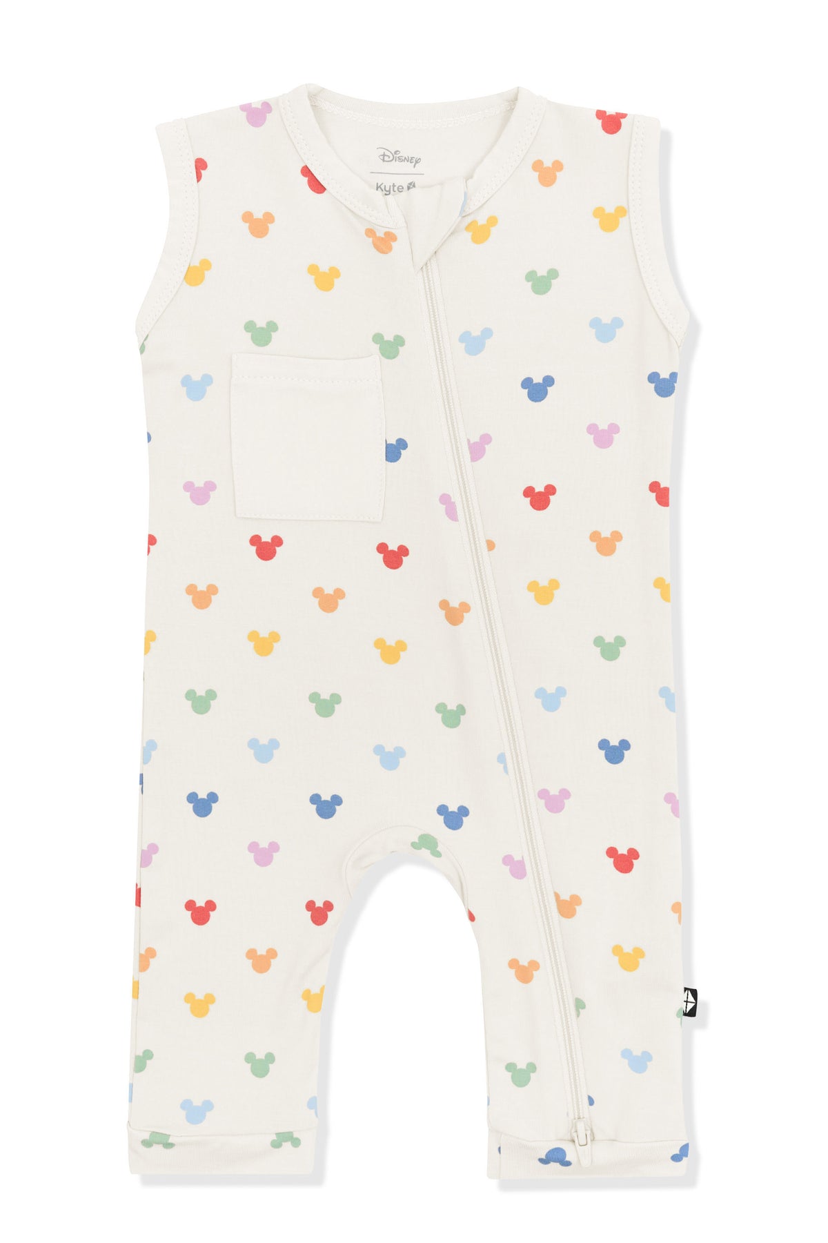 Zippered Sleeveless Romper with Pastel Mickey Mouse pattern on an oat background