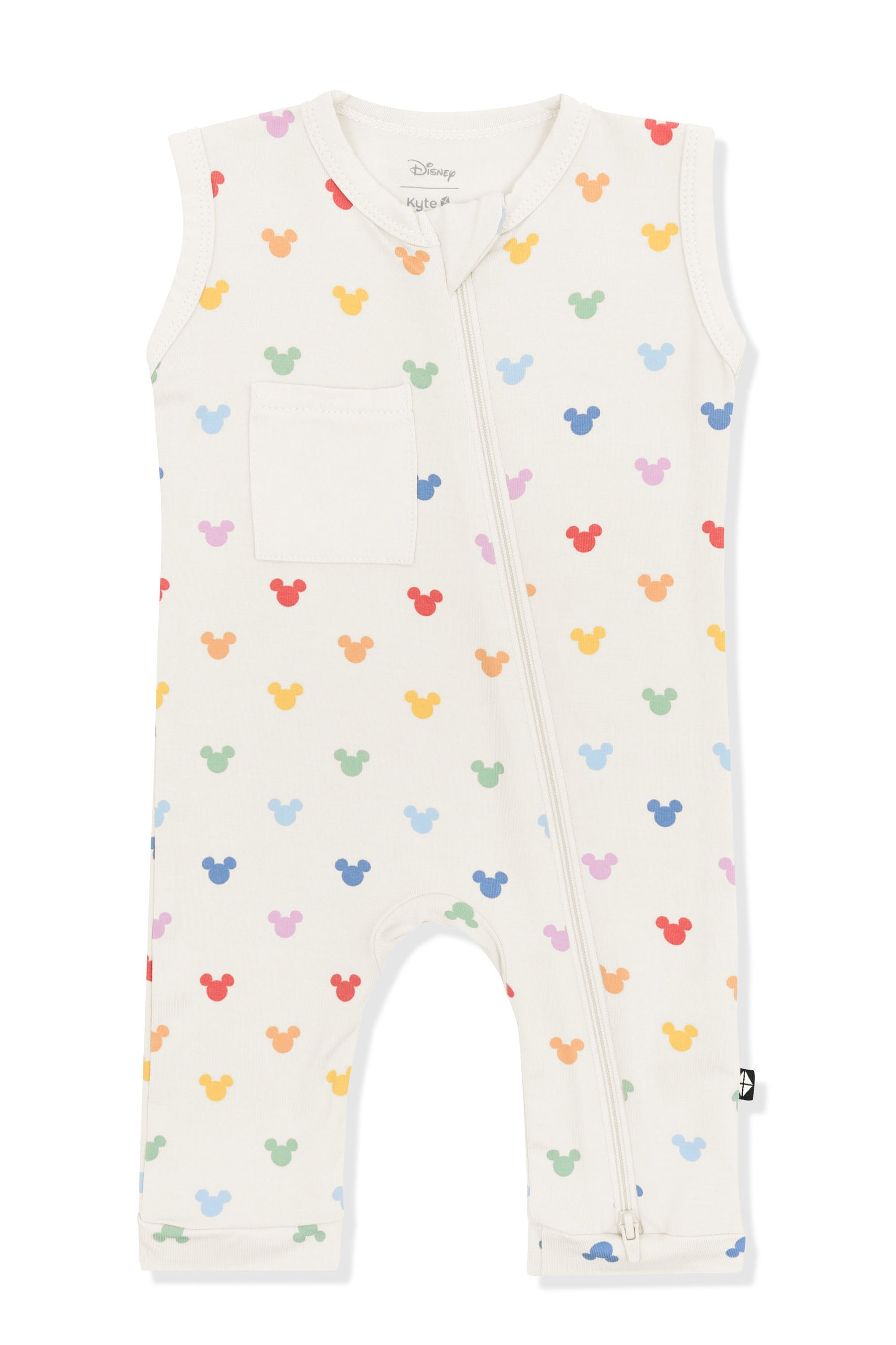 Zippered Sleeveless Romper with Pastel Mickey Mouse pattern on an oat background