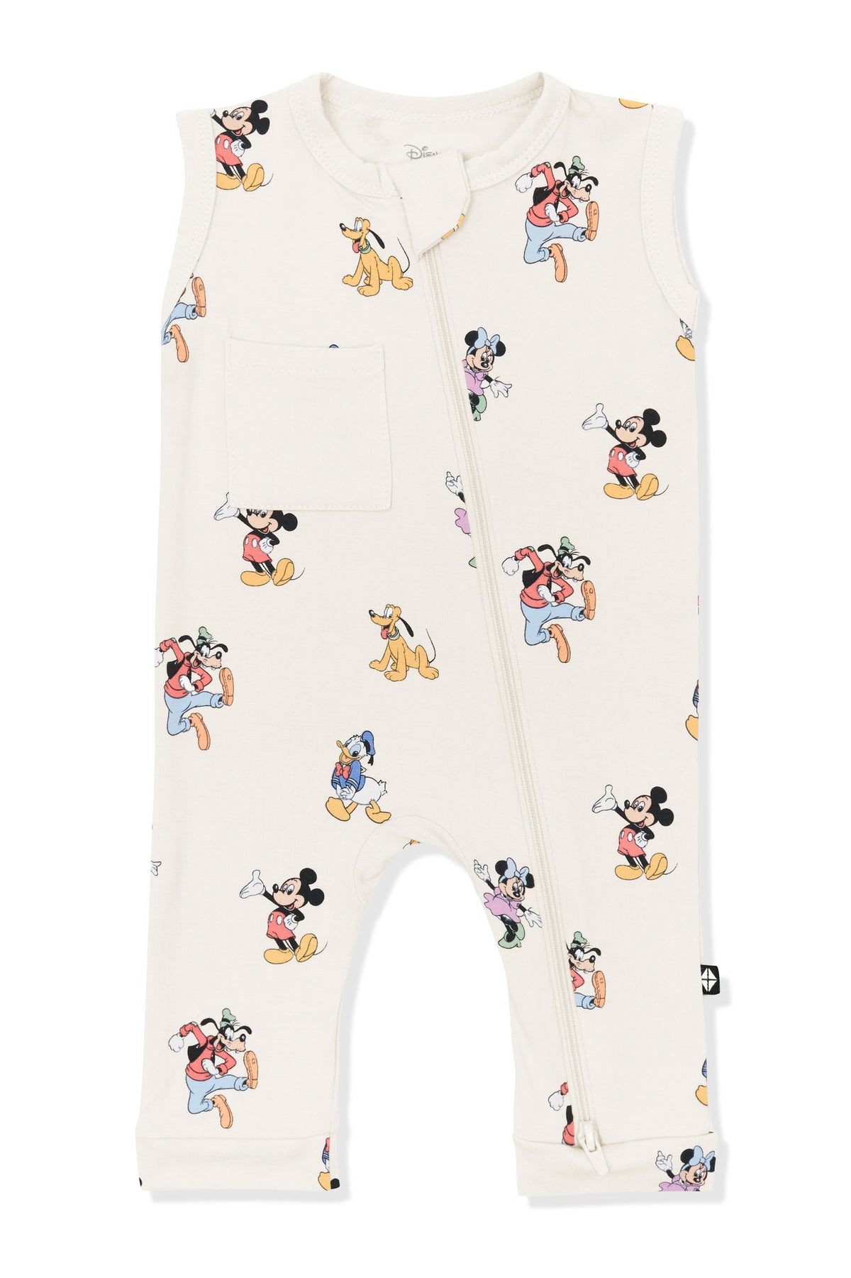 Zippered Sleeveless Romper with Mickey Mouse and Friends print on an oat background