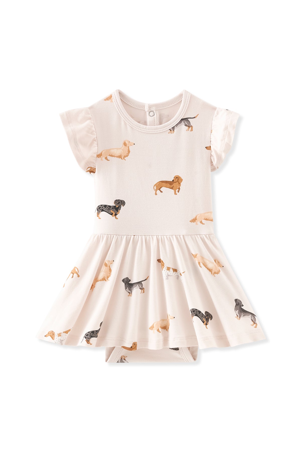 Beige Twirl Bodysuit Dress in Dachshund print on a white background