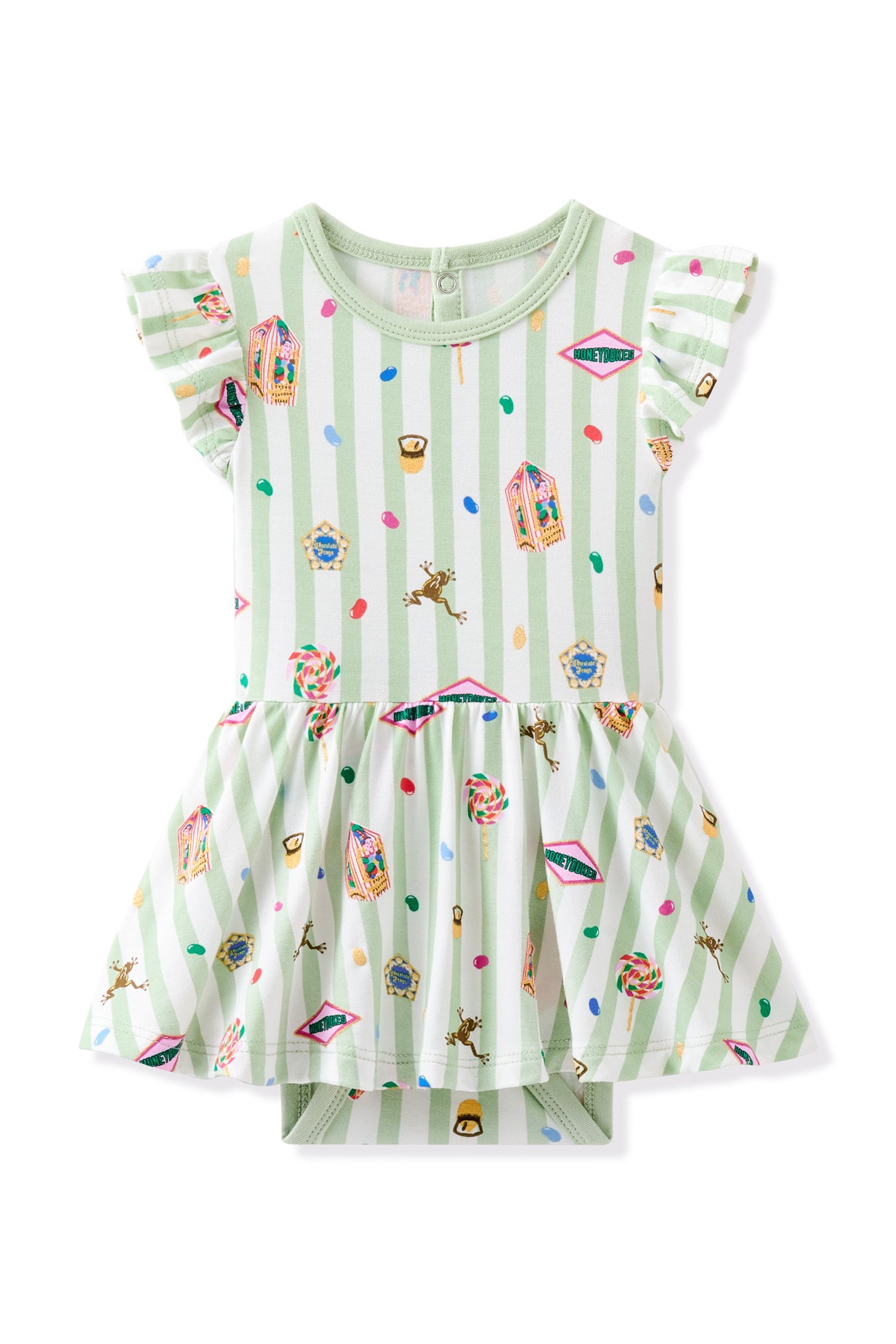 Green and white striped twirl bodysuit dress with colorful Harry Potter pattern print on a white background