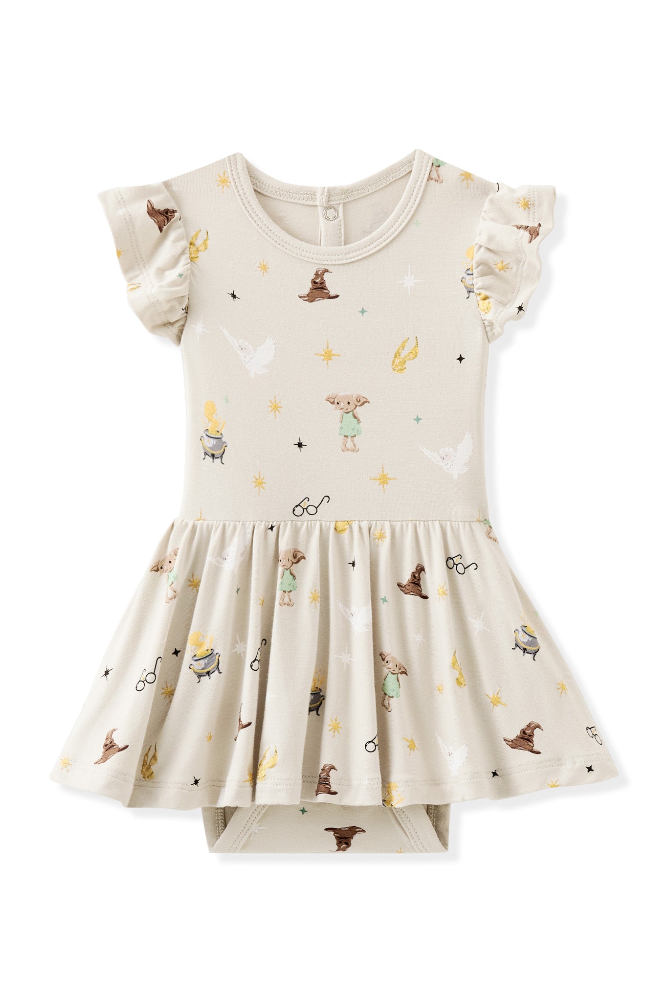 Beige Harry Potter patterned print twirl bodysuit dress on a white background