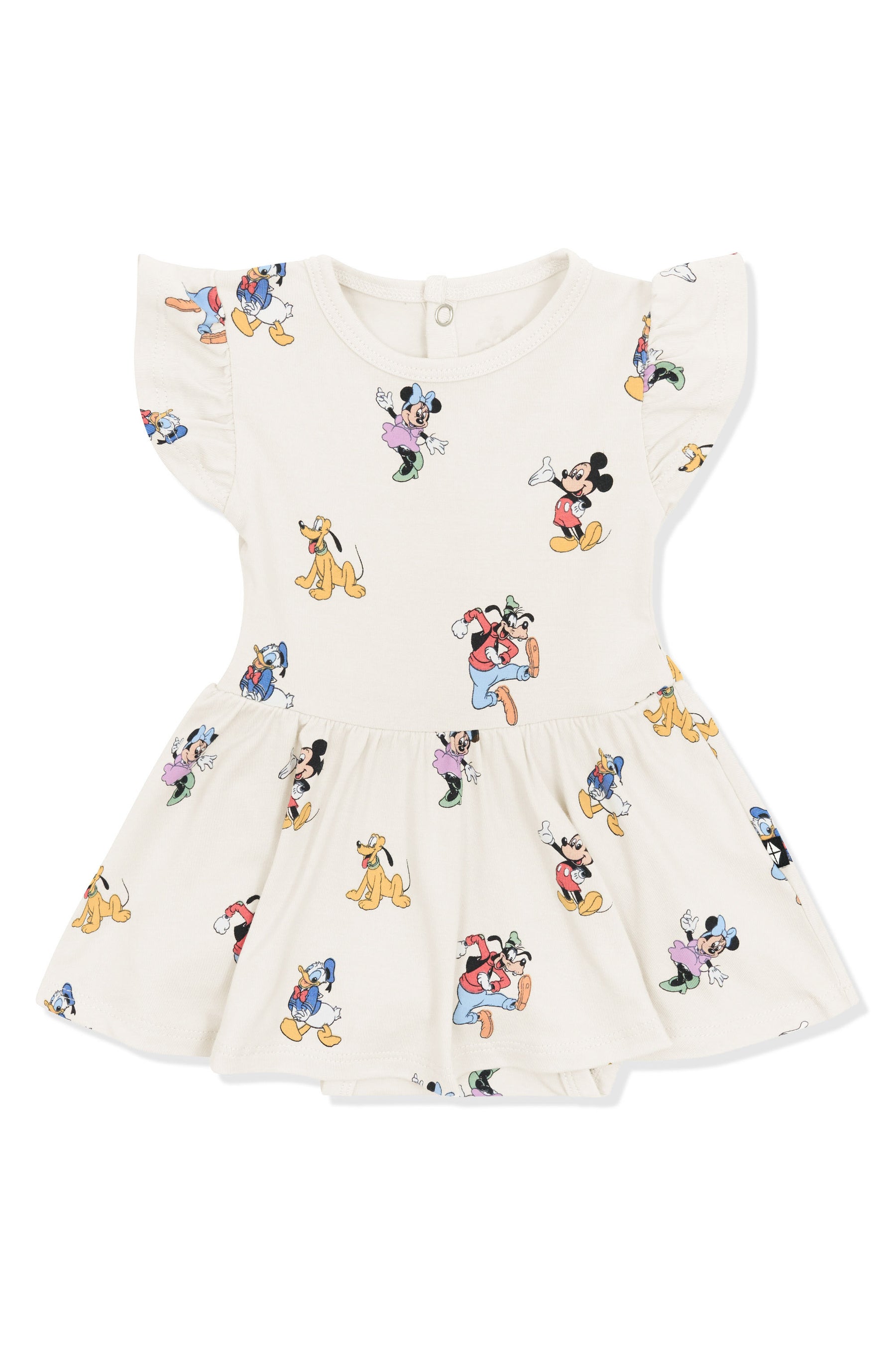 Twirl Bodysuit Dress with Mickey Mouse and Friends print on an oat background