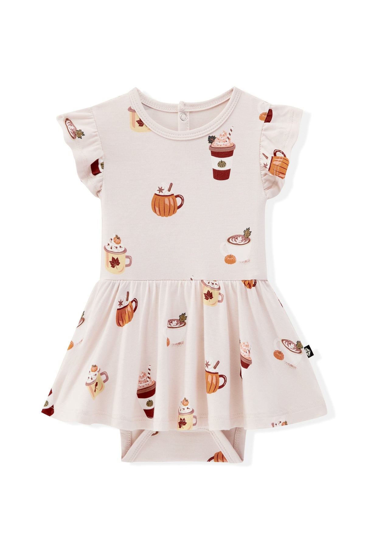 Twirl Bodysuit Dress in Pumpkin Spice Latte print on a white background