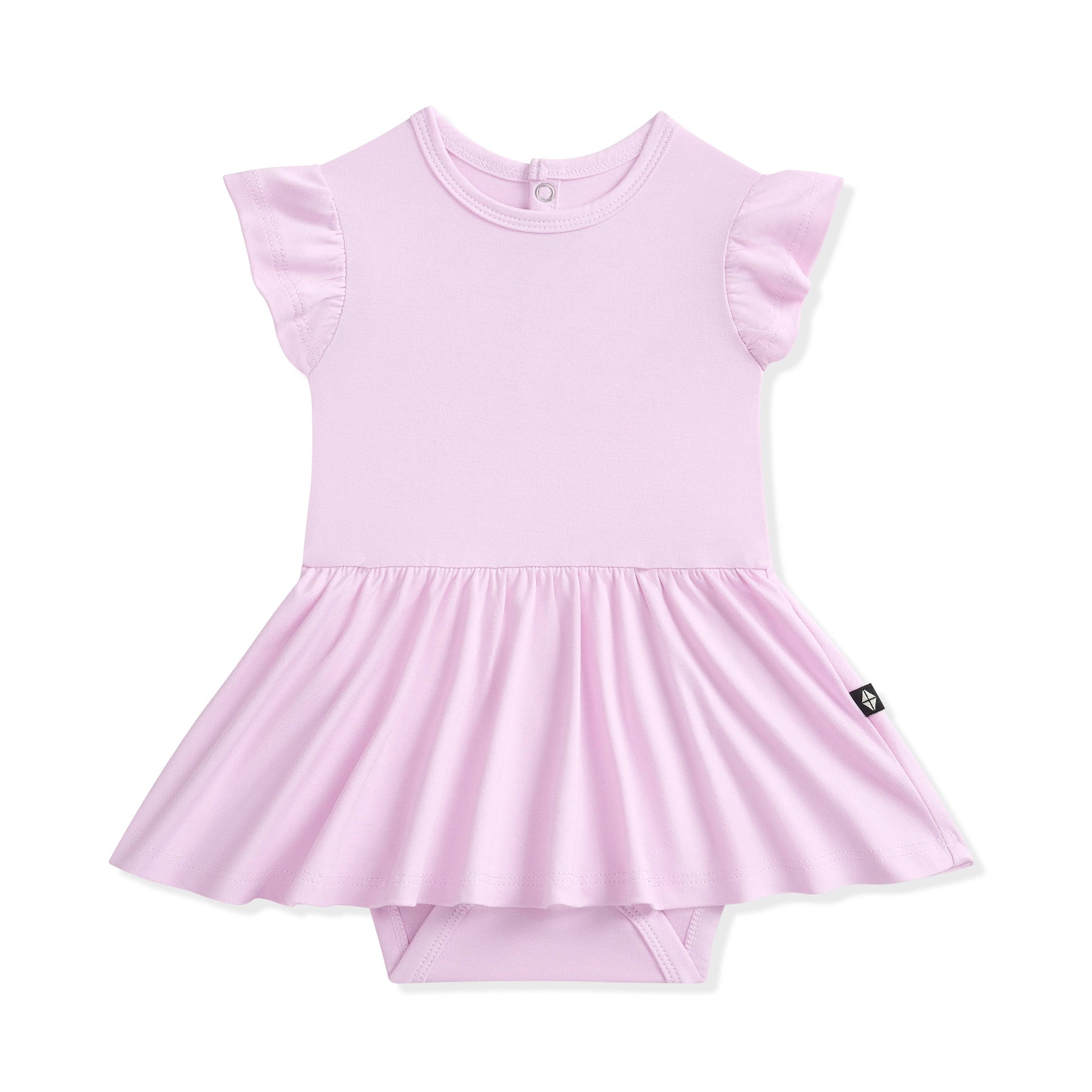 Light purple bodysuit dress with ruffled sleeves on a white background