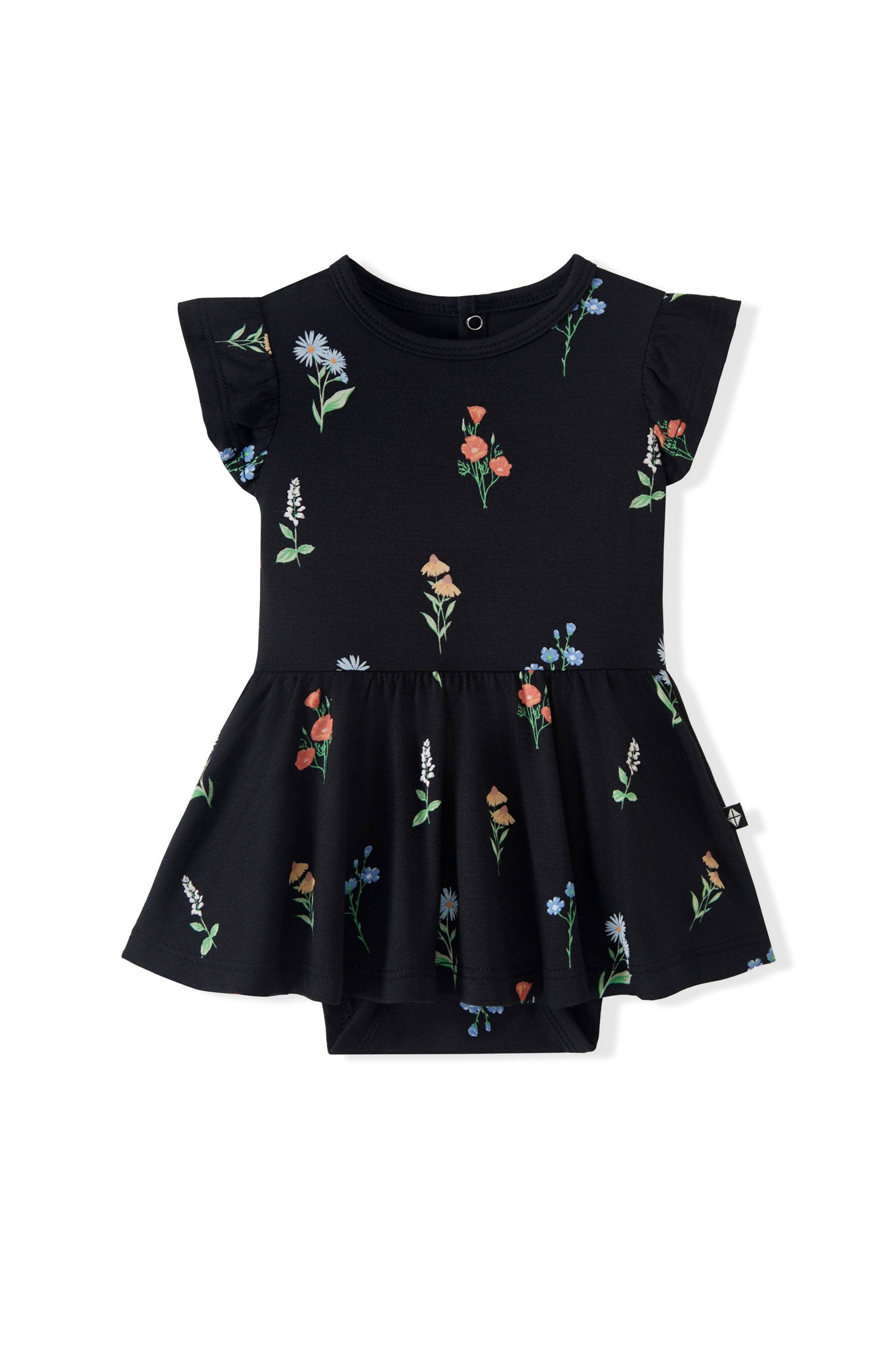 Black Twirl Bodysuit Dress with Wildflower print on a white background