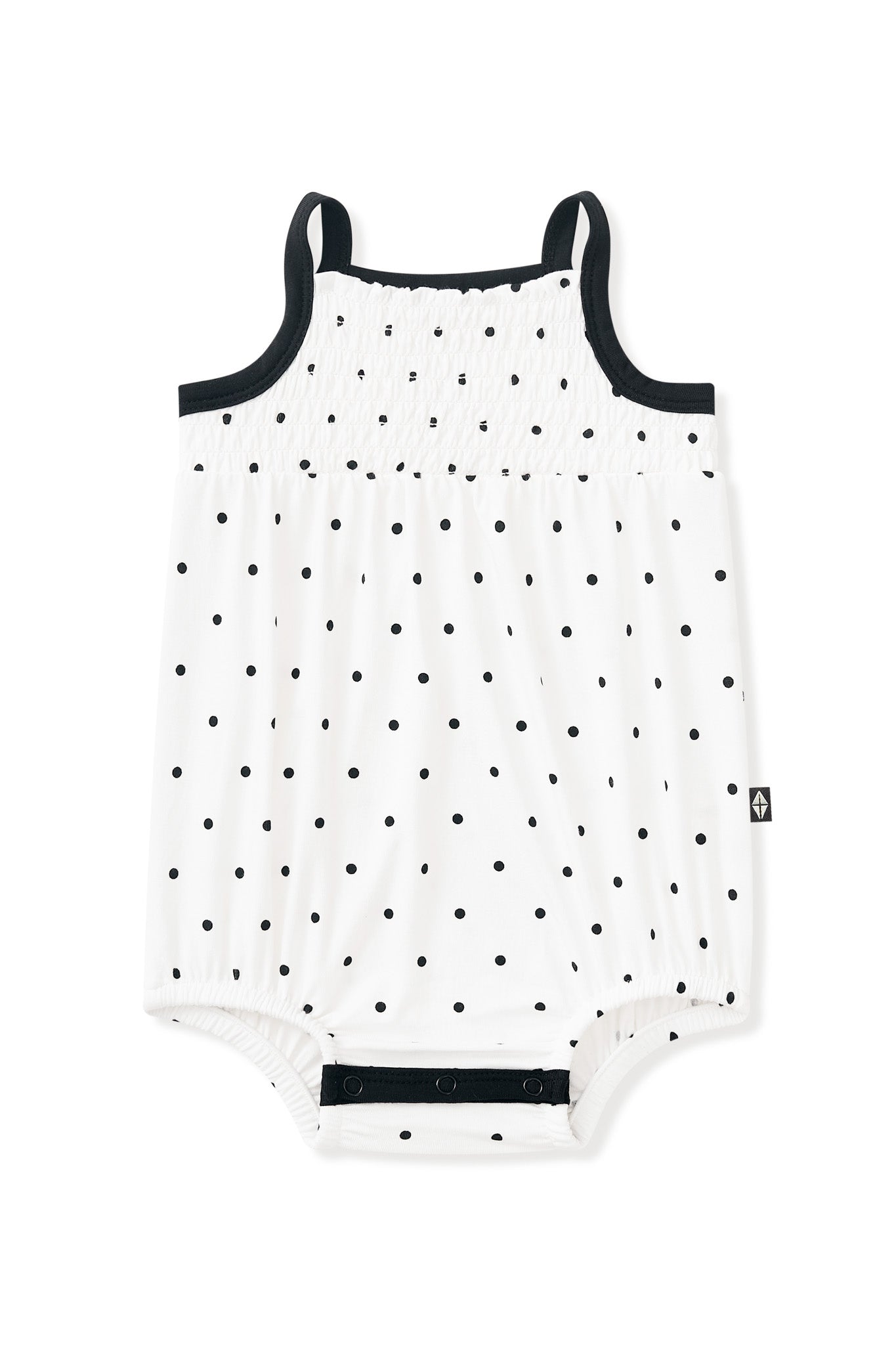 Smocked Bubble Romper in Midnight Polka Dot on white background