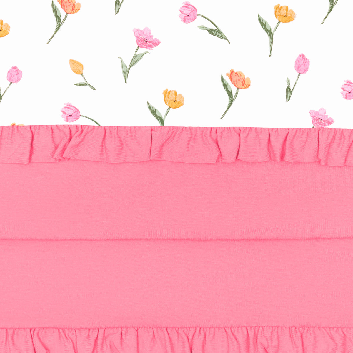 Close up of the Ruffle Baby Blanket in Tulip 0.5 showing the pink backing and floral print top layer