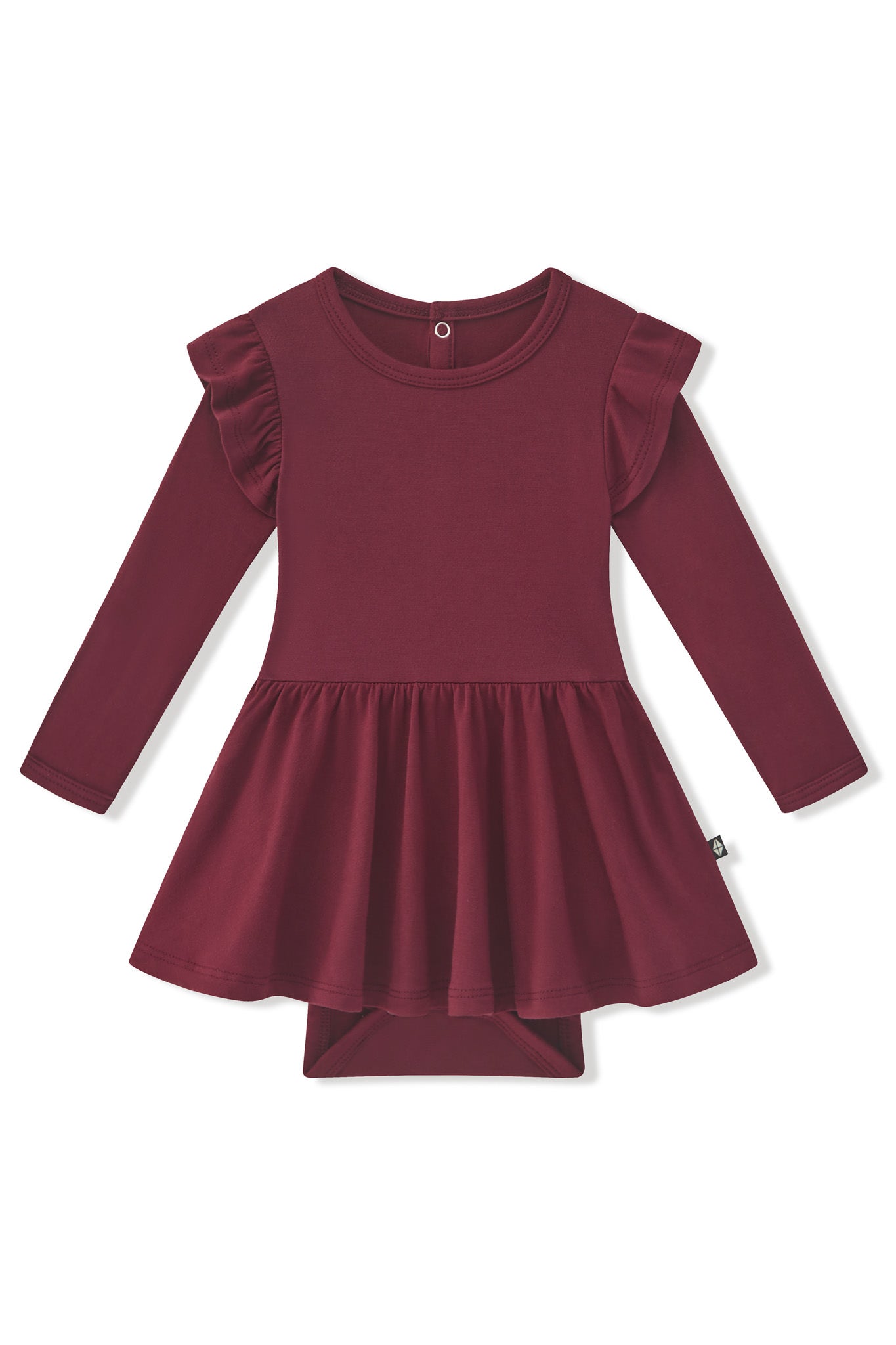 Long Sleeve Twirl Bodysuit Dress in Burgundy on a white background