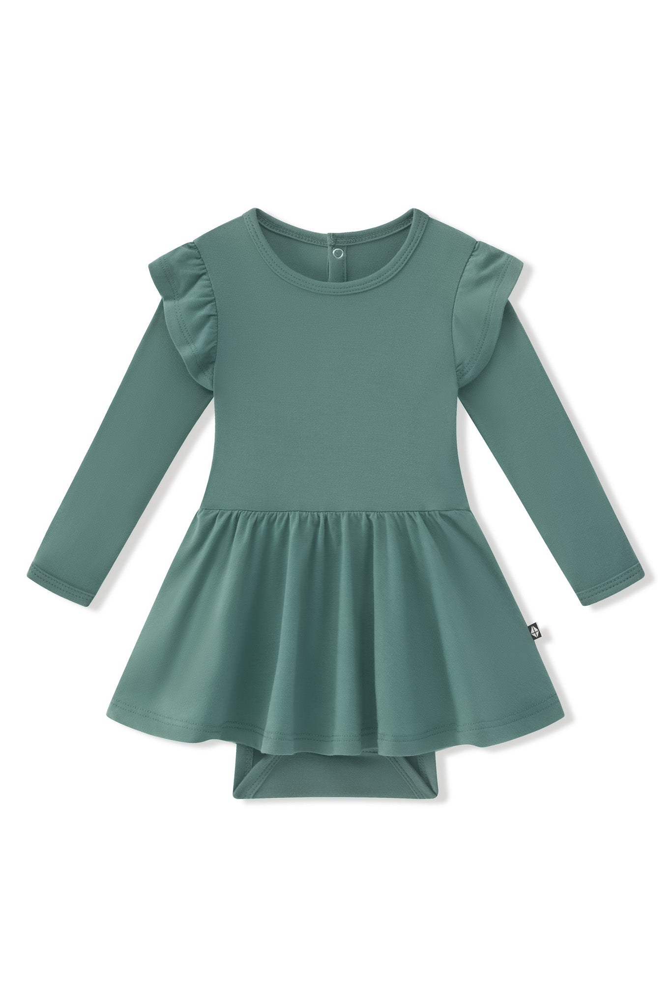 Long Sleeve Twirl Bodysuit Dress in Pine on a white background