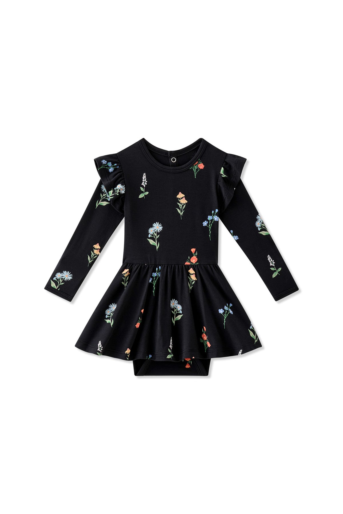 Black Long Sleeve Twirl Bodysuit Dress in Wildflower print on a white background