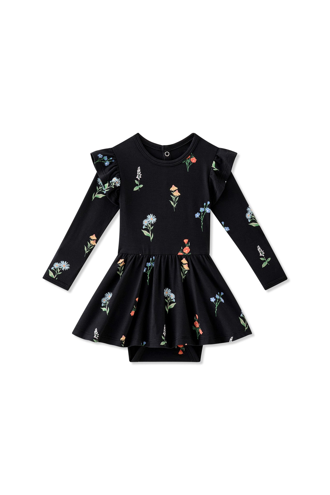 Black Long Sleeve Twirl Bodysuit Dress in Wildflower print on a white background