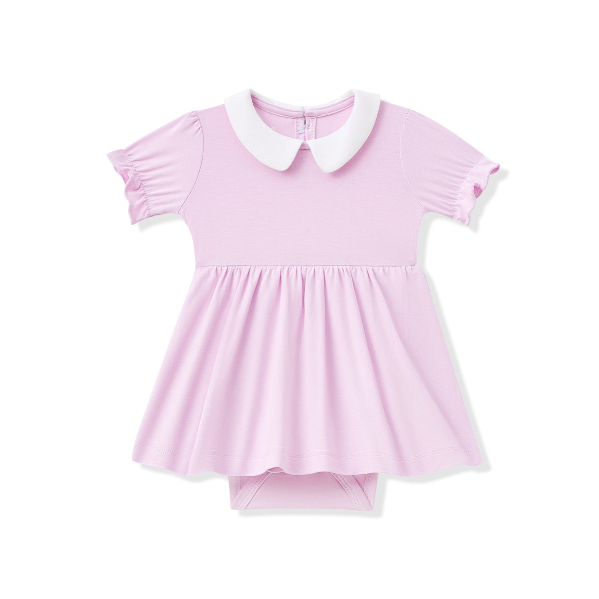 Purple dress with white collar on a white background