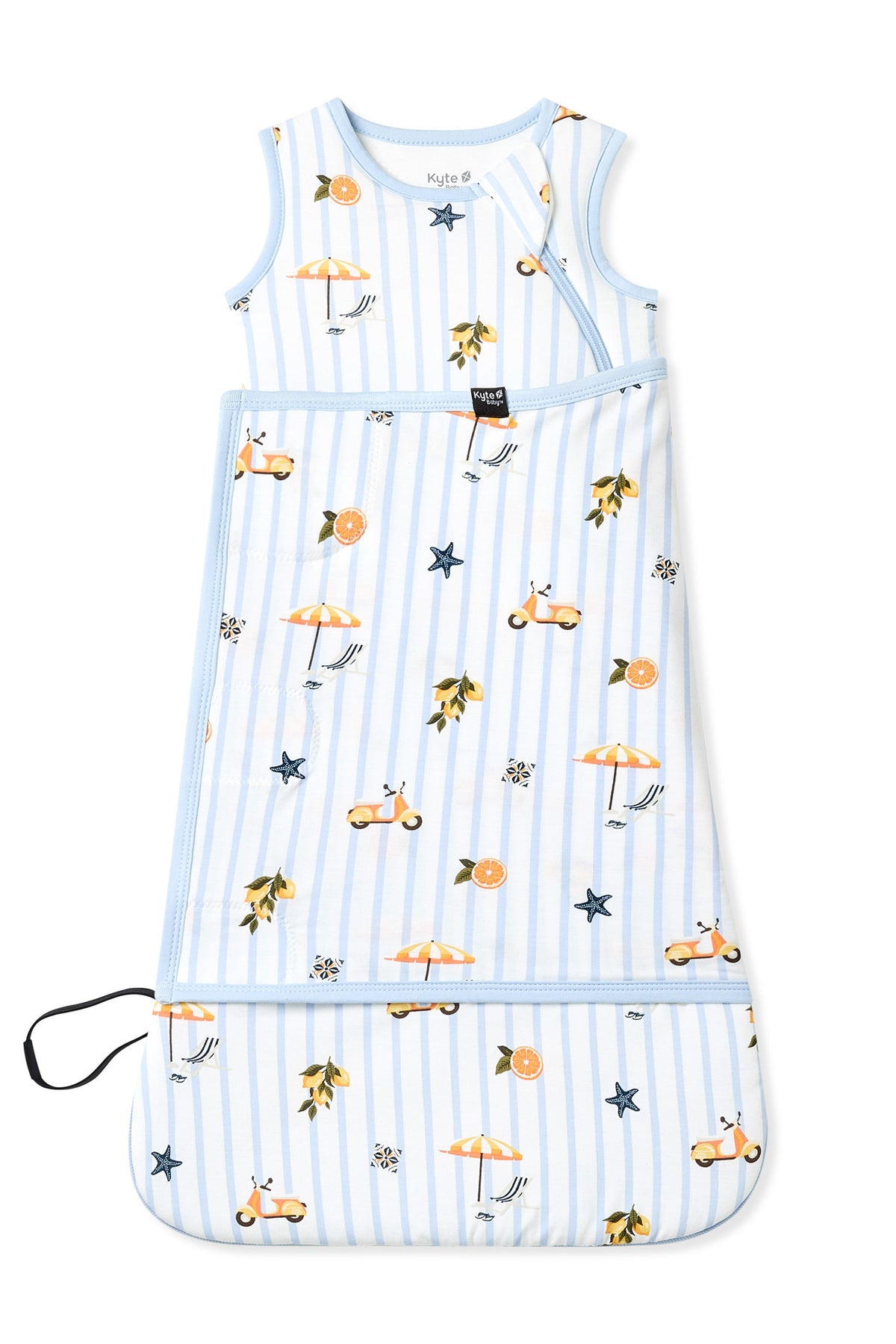 Sleep Bag Swaddler in Amalfi Coast 1.0 shown swaddled on white background