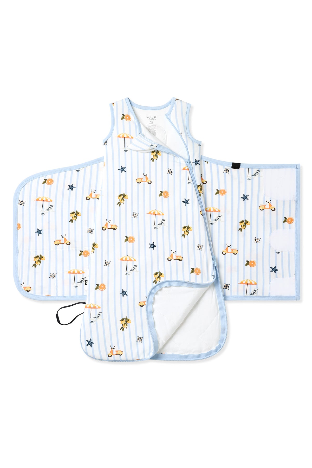 Double zipper shown on an unswaddled Sleep Bag Swaddler in Amalfi Coast 1.0 on white background