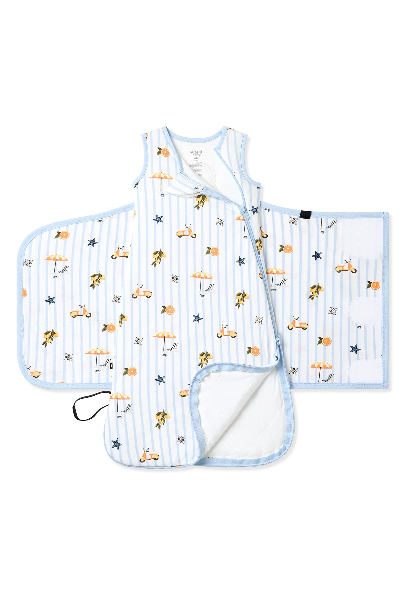 Double zipper shown on an unswaddled Sleep Bag Swaddler in Amalfi Coast 1.0 on white background