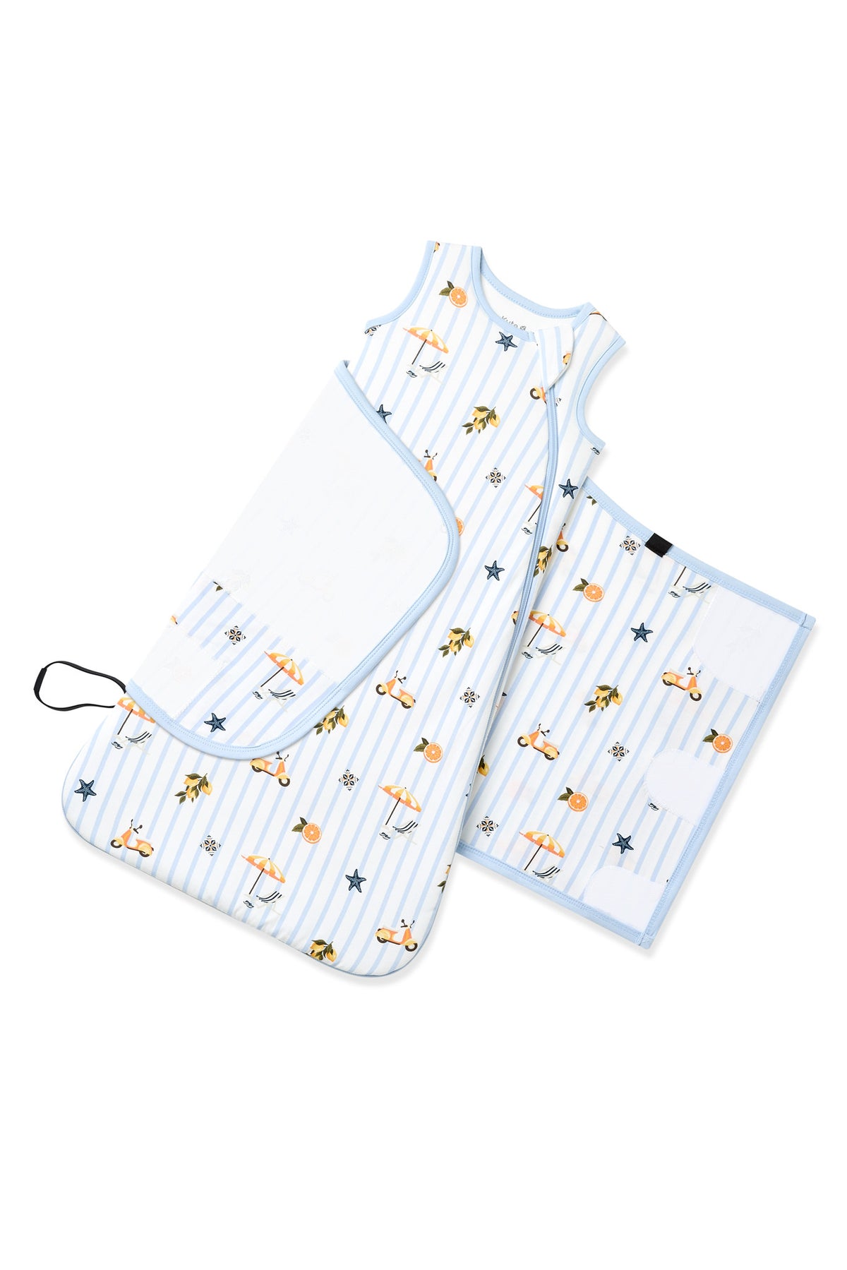 Adjustable velcro strap shown on an unswaddled Sleep Bag Swaddler in Amalfi Coast 1.0 print on white background