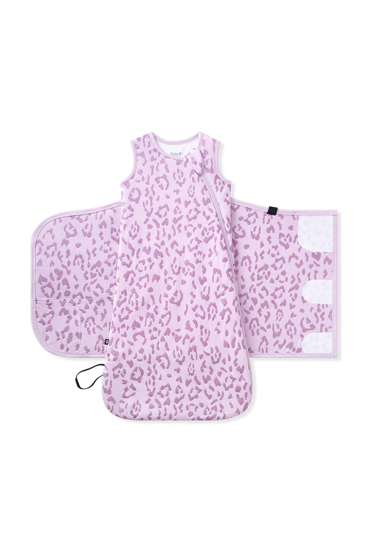 Sleep Bag Swaddler in Thistle Leopard print shown unswaddled on white background