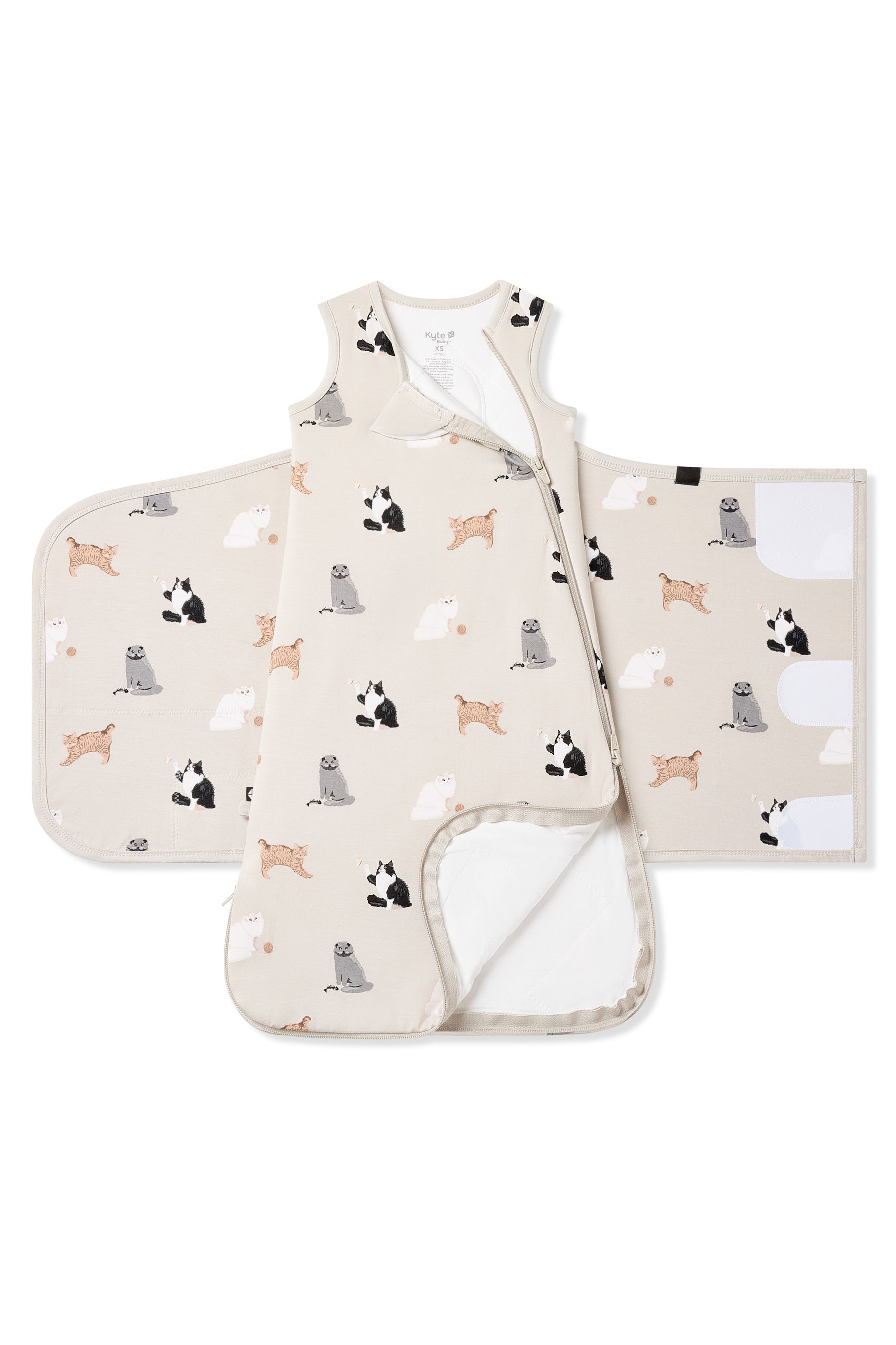Double zipper shown on an unswaddled Sleep Bag Swaddler in Fluffy Cat 1.0