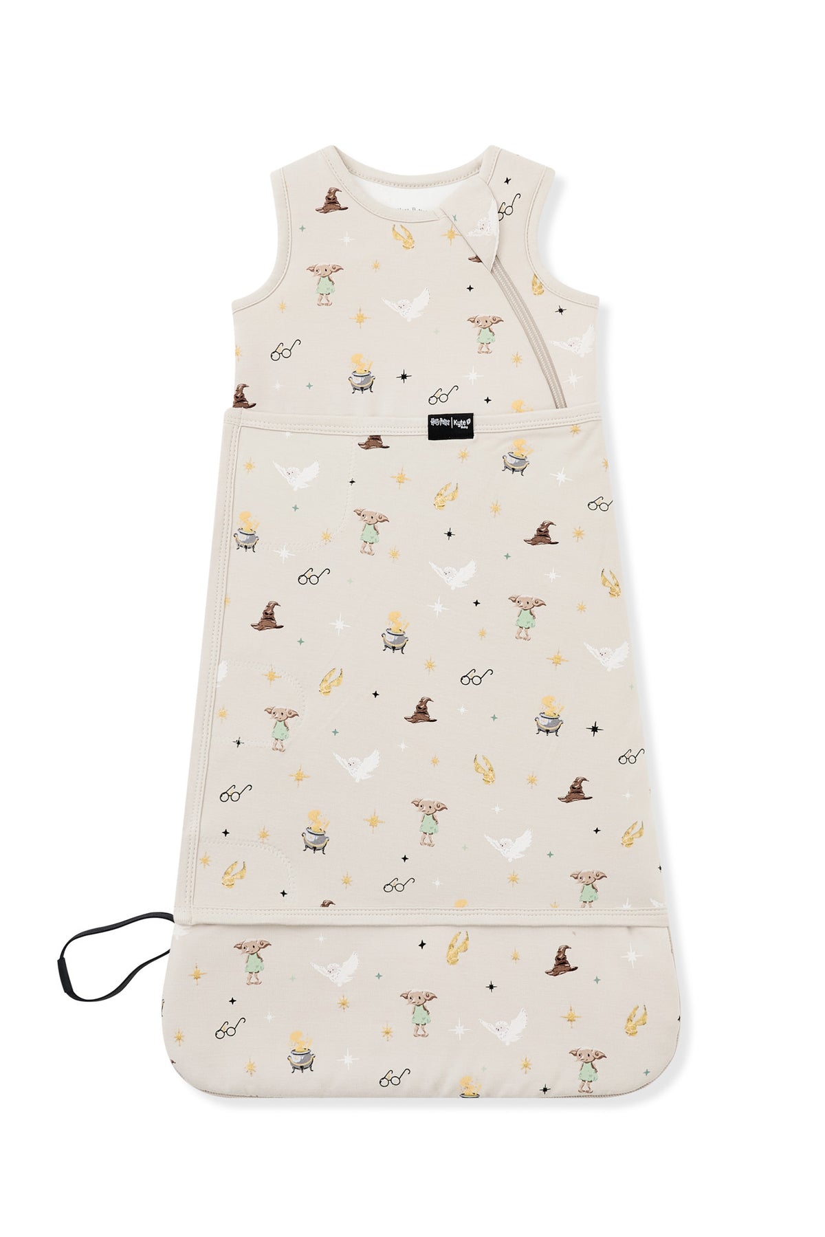 Beige Sleep Bag Swaddler with Harry potter print on a white background