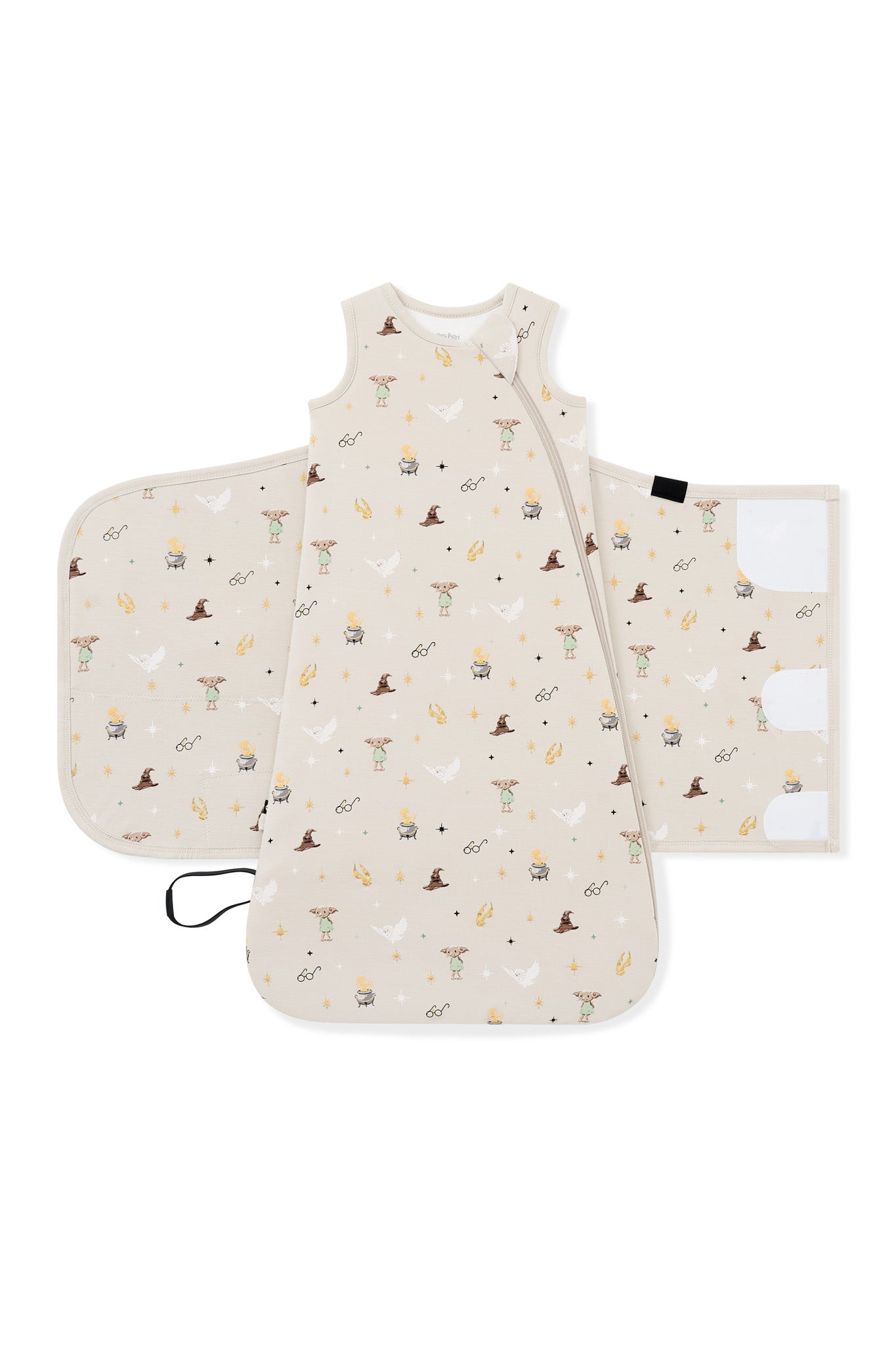 Beige Sleep Bag Swaddler in Harry Potter print 1.0 shown unswaddled on a white background