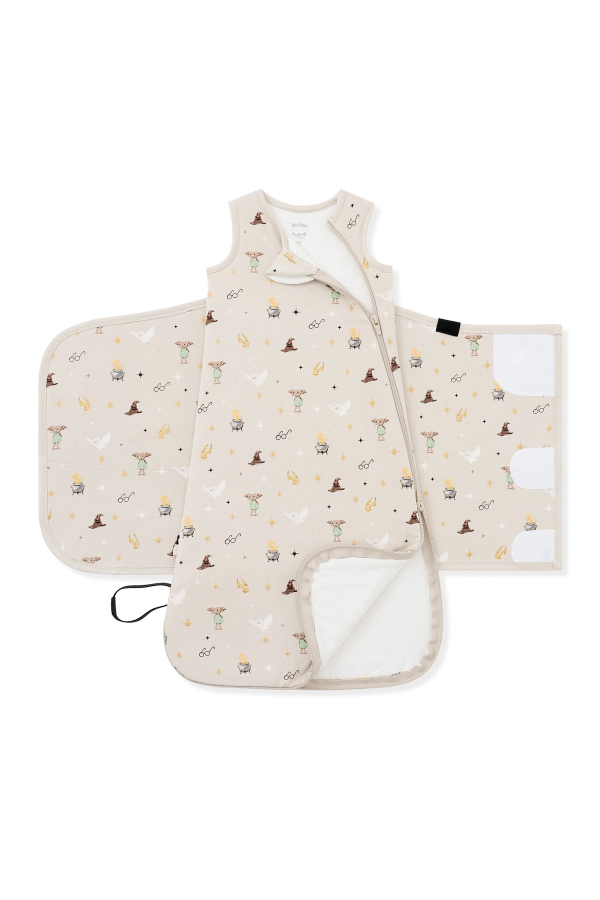 Double zipper shown on an unswaddled Beige Sleep Bag Swaddler in Harry potter print 1.0 on a white background