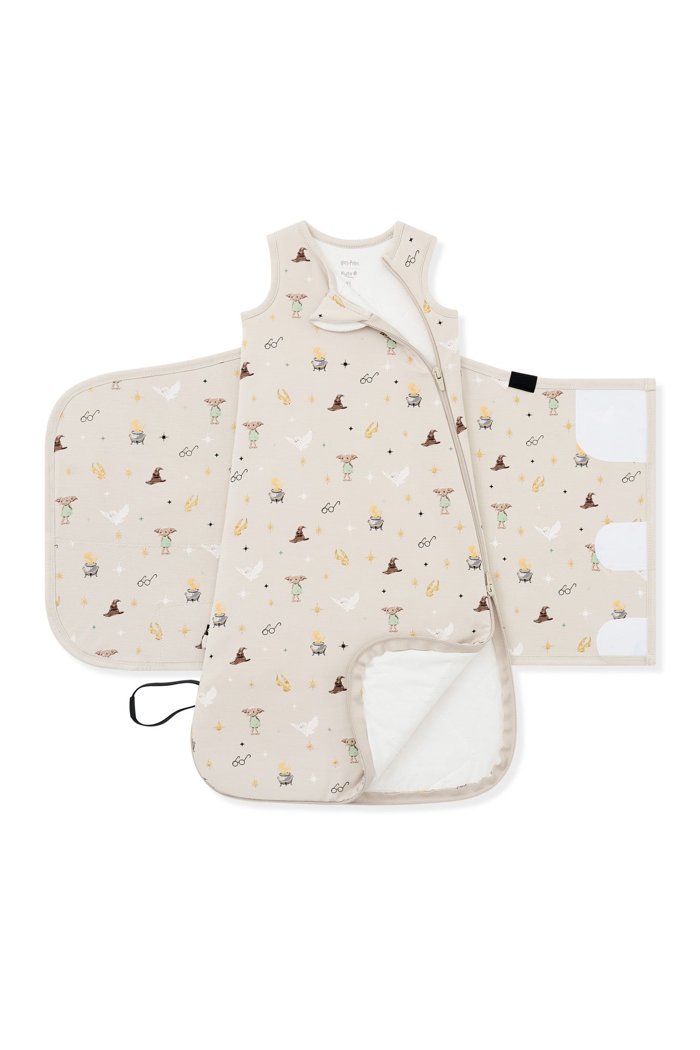 Double zipper shown on an unswaddled Beige Sleep Bag Swaddler in Harry potter print 1.0 on a white background