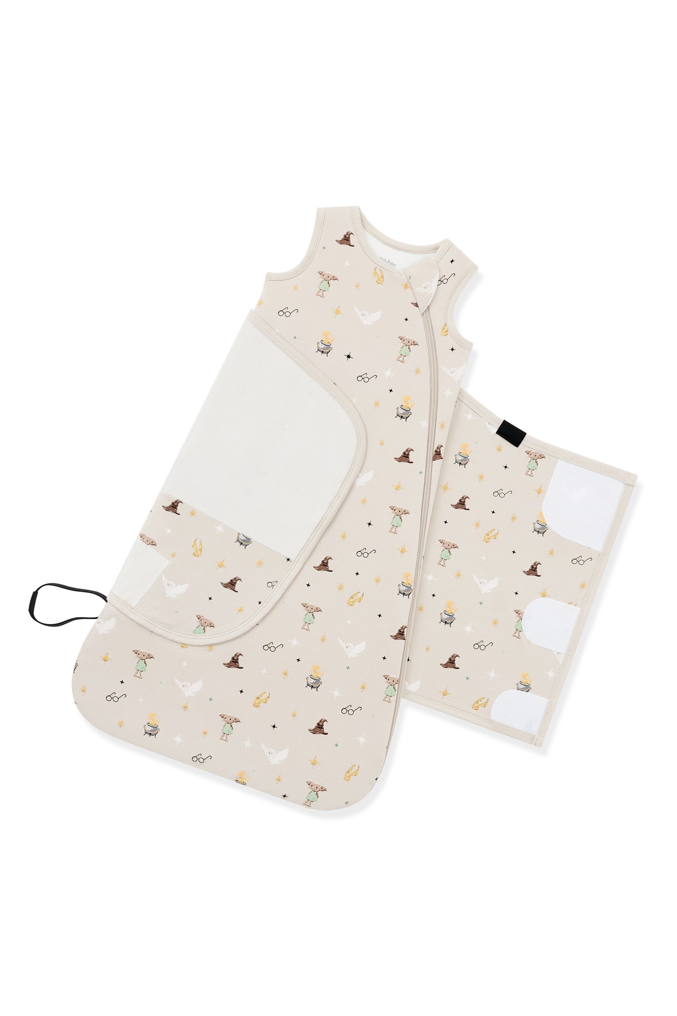 Adjustable swaddle wrap shown on an unswaddled beige Sleep Bag Swaddler in Harry potter print 1.0 on a white background
