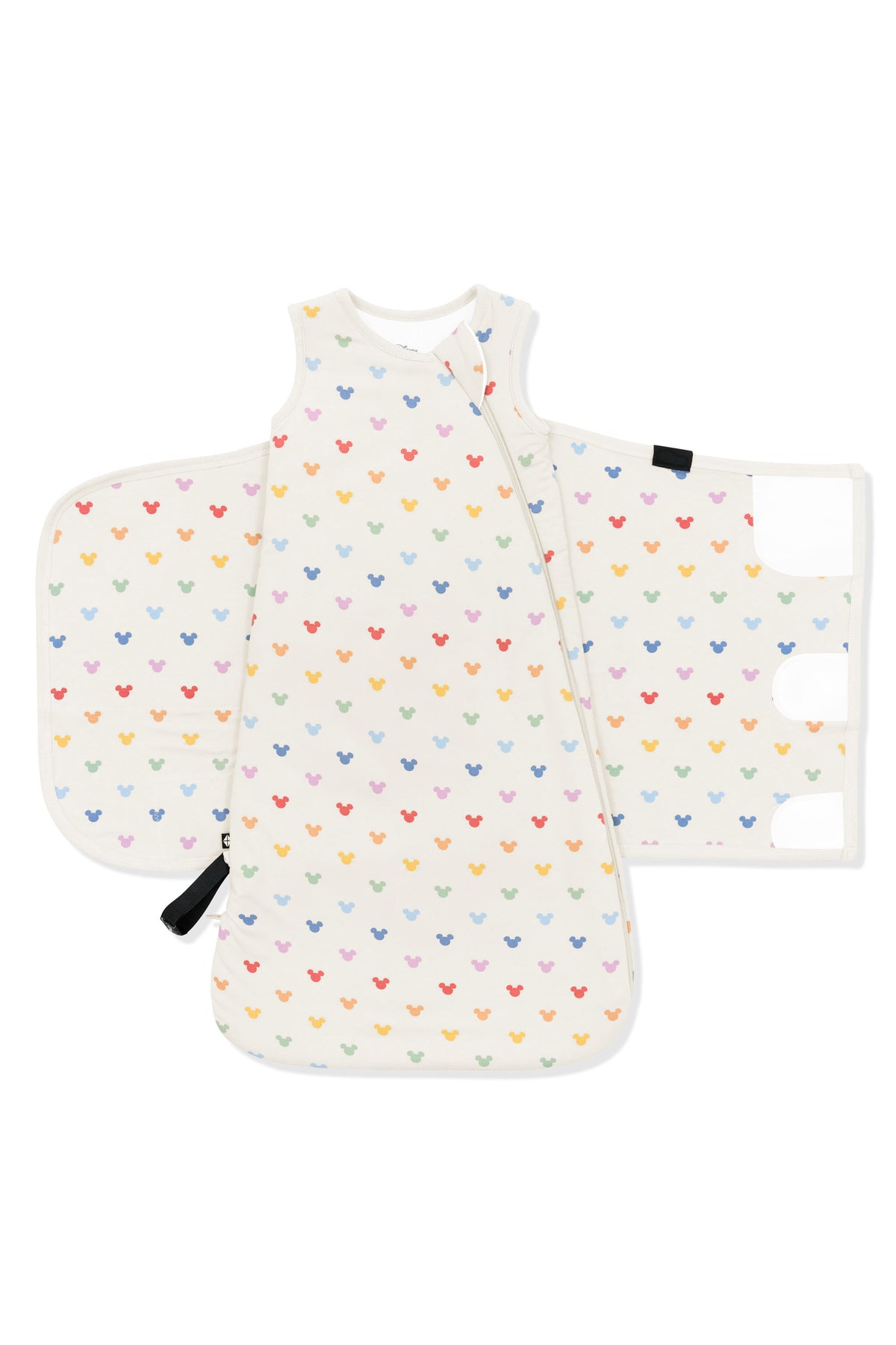 Front of Sleep Bag Swaddler in Pastel Mickey Mouse pattern on an oat background