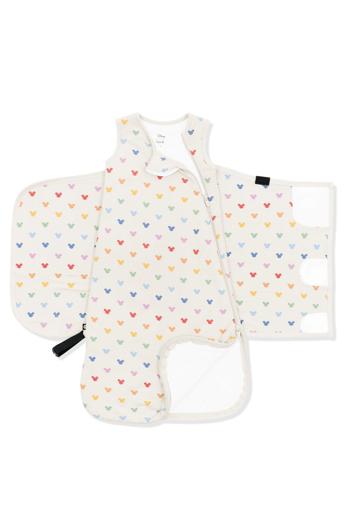 Zipper of Sleep Bag Swaddler in Pastel Mickey Mouse pattern on an oat background