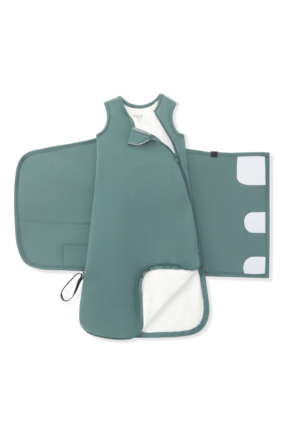 Double zipper shown on an unswaddled Black Sleep Bag Swaddler in Pine 1.0 on a white background
